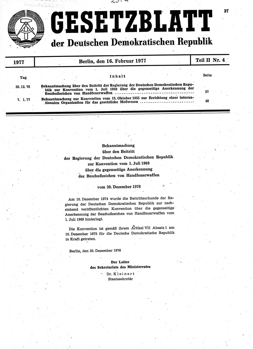 Gesetzblatt (GBl.) der Deutschen Demokratischen Republik (DDR) Teil ⅠⅠ 1977, Seite 37 (GBl. DDR ⅠⅠ 1977, S. 37)