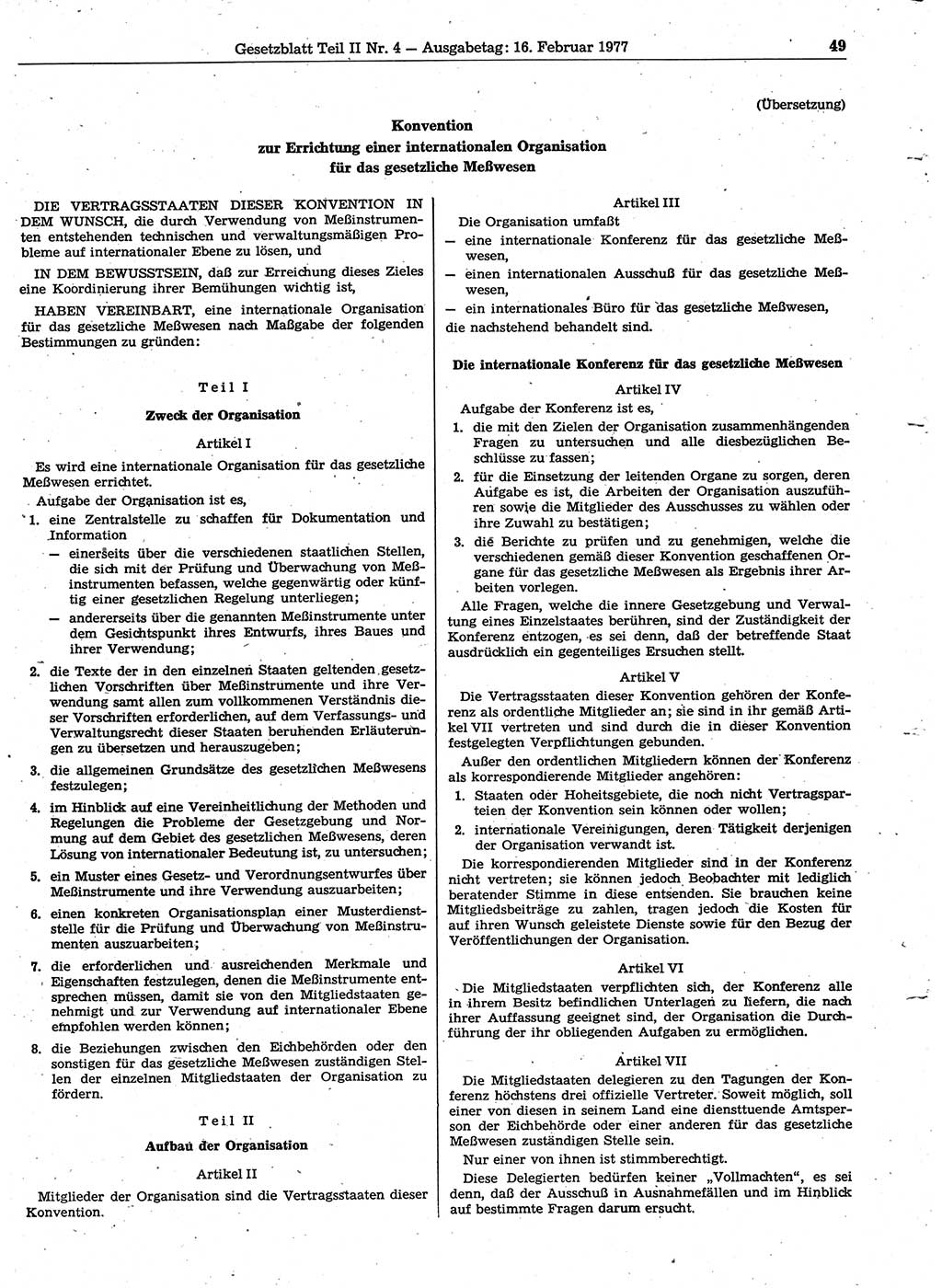 Gesetzblatt (GBl.) der Deutschen Demokratischen Republik (DDR) Teil ⅠⅠ 1977, Seite 49 (GBl. DDR ⅠⅠ 1977, S. 49)