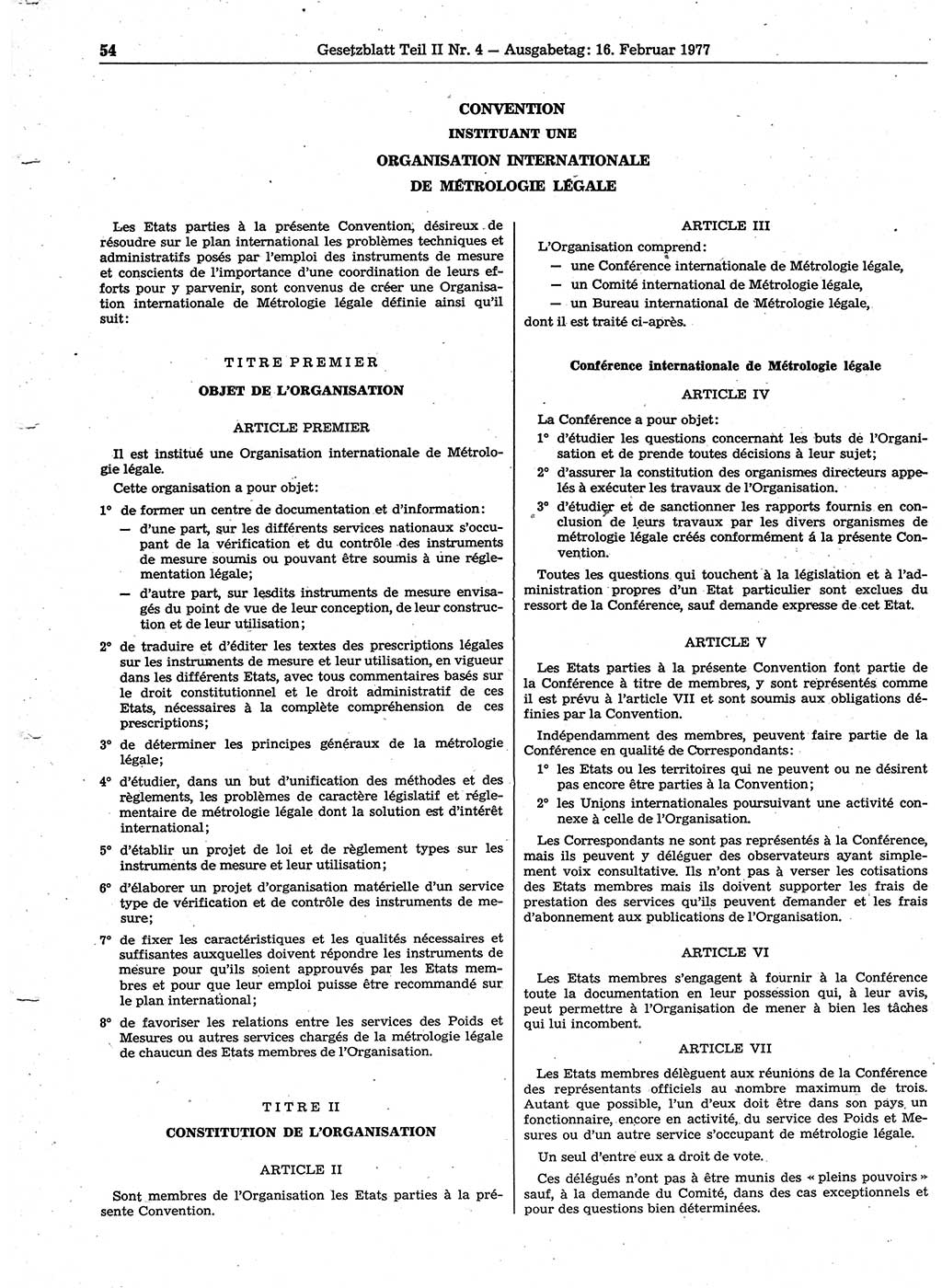 Gesetzblatt (GBl.) der Deutschen Demokratischen Republik (DDR) Teil ⅠⅠ 1977, Seite 54 (GBl. DDR ⅠⅠ 1977, S. 54)
