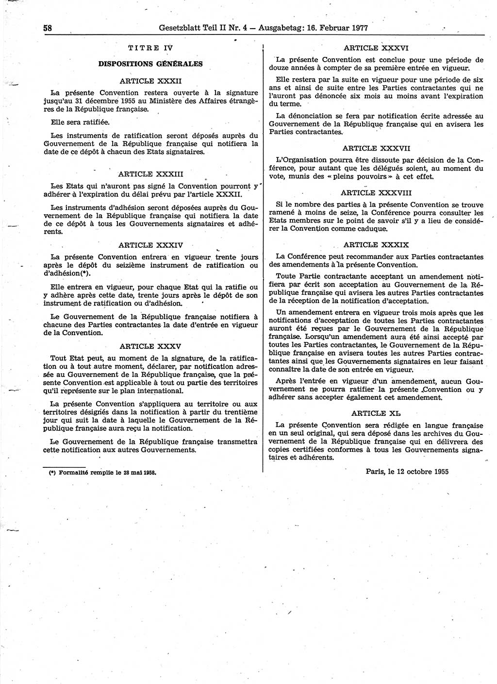 Gesetzblatt (GBl.) der Deutschen Demokratischen Republik (DDR) Teil ⅠⅠ 1977, Seite 58 (GBl. DDR ⅠⅠ 1977, S. 58)