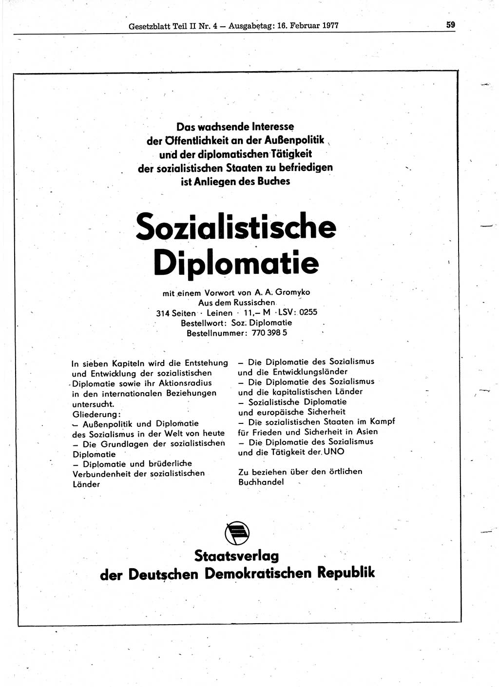 Gesetzblatt (GBl.) der Deutschen Demokratischen Republik (DDR) Teil ⅠⅠ 1977, Seite 59 (GBl. DDR ⅠⅠ 1977, S. 59)