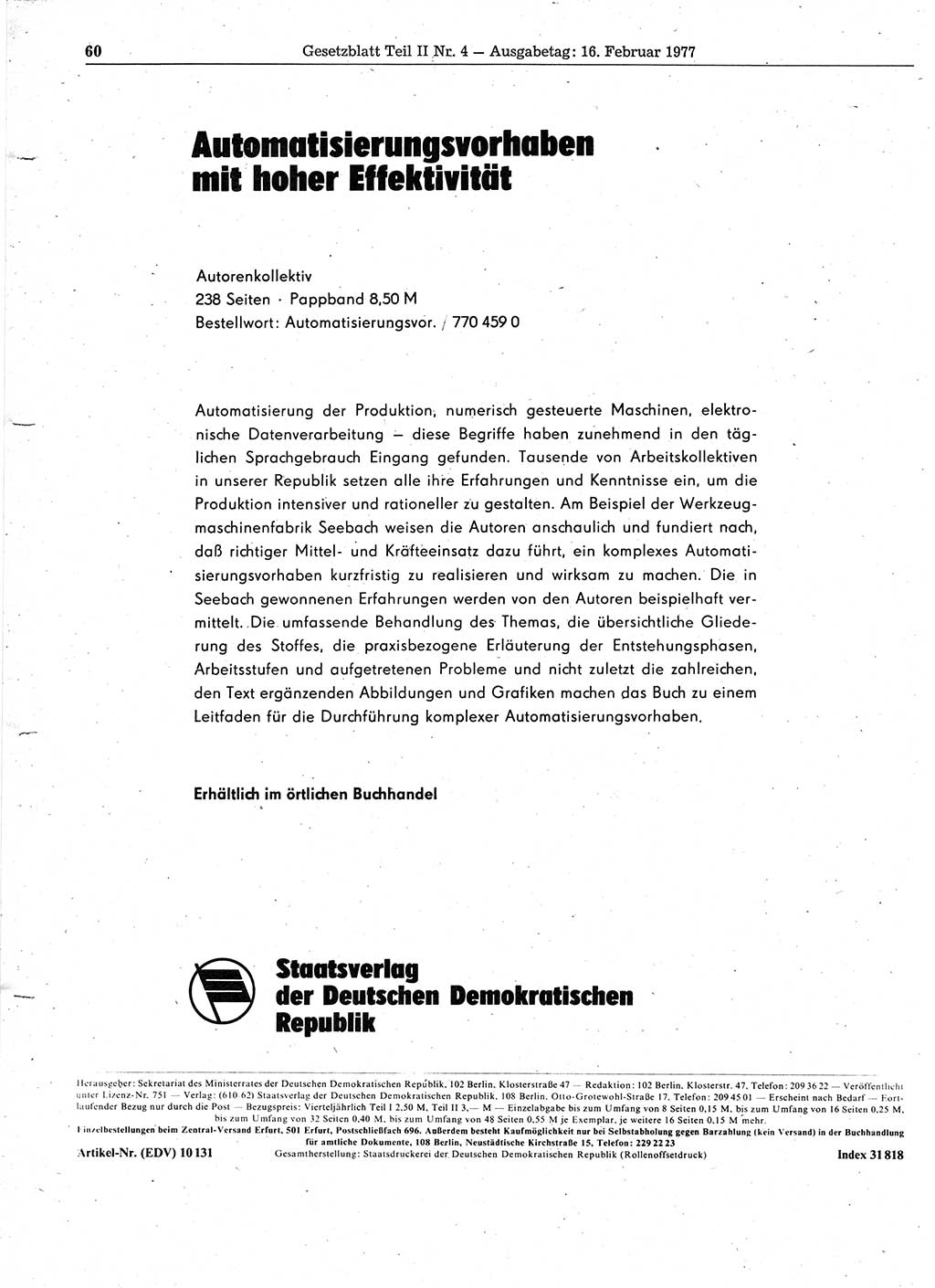 Gesetzblatt (GBl.) der Deutschen Demokratischen Republik (DDR) Teil ⅠⅠ 1977, Seite 60 (GBl. DDR ⅠⅠ 1977, S. 60)