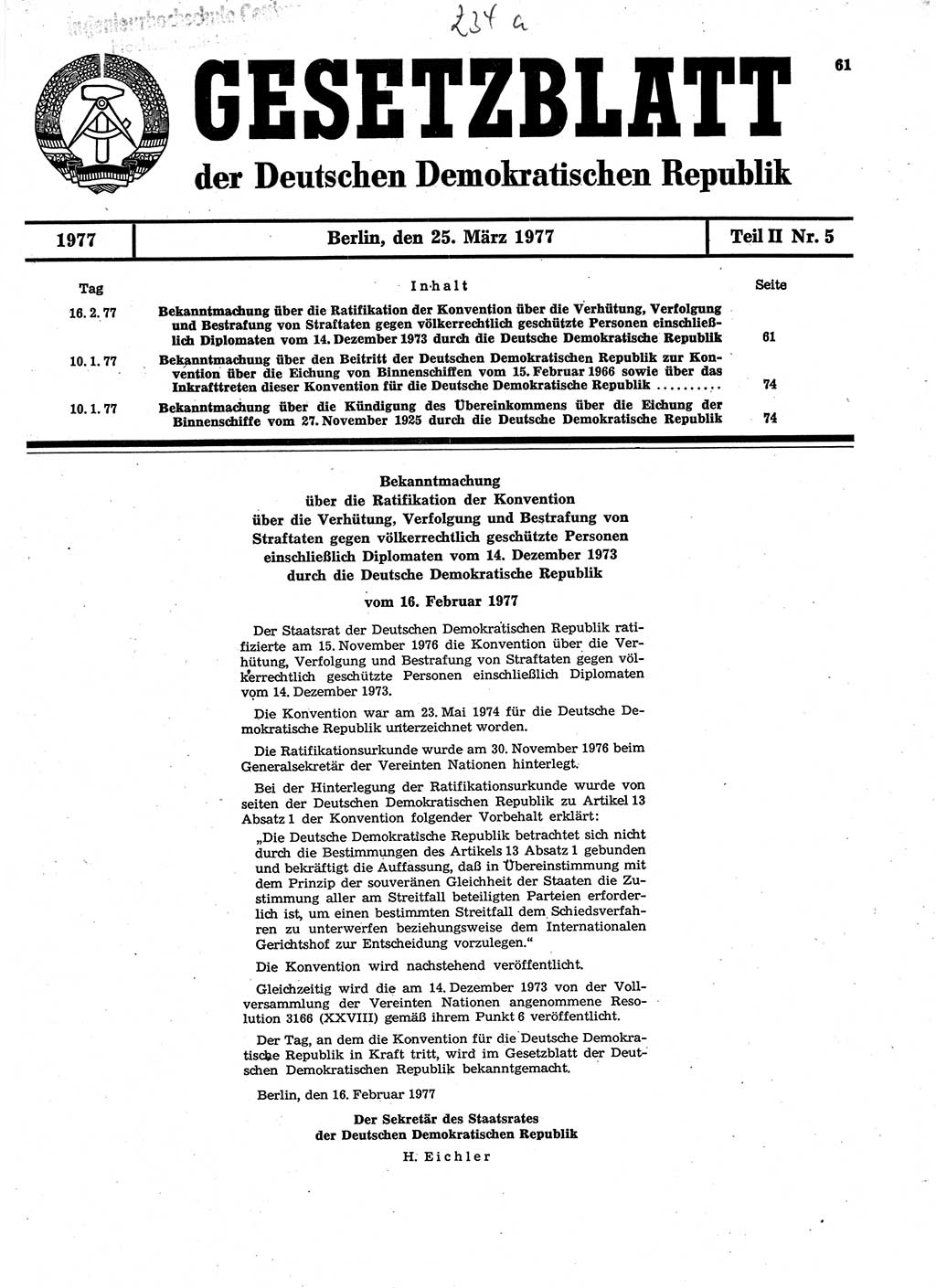 Gesetzblatt (GBl.) der Deutschen Demokratischen Republik (DDR) Teil ⅠⅠ 1977, Seite 61 (GBl. DDR ⅠⅠ 1977, S. 61)