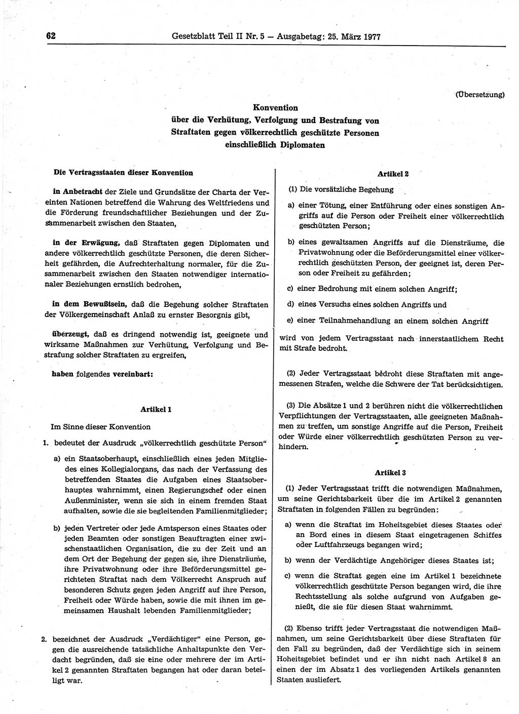 Gesetzblatt (GBl.) der Deutschen Demokratischen Republik (DDR) Teil ⅠⅠ 1977, Seite 62 (GBl. DDR ⅠⅠ 1977, S. 62)