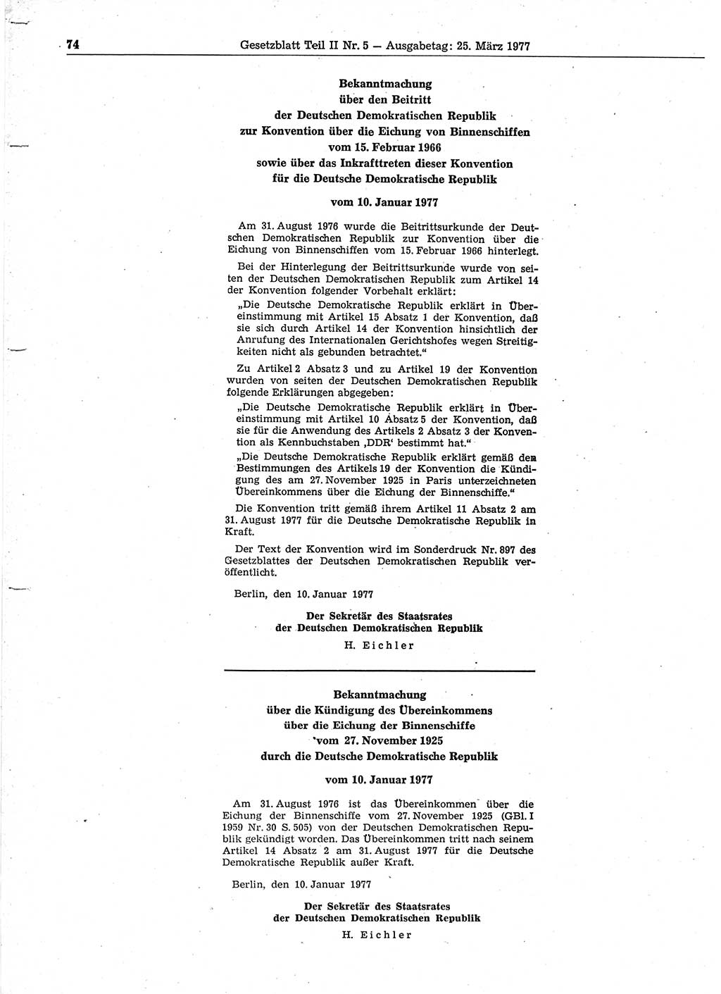 Gesetzblatt (GBl.) der Deutschen Demokratischen Republik (DDR) Teil ⅠⅠ 1977, Seite 74 (GBl. DDR ⅠⅠ 1977, S. 74)