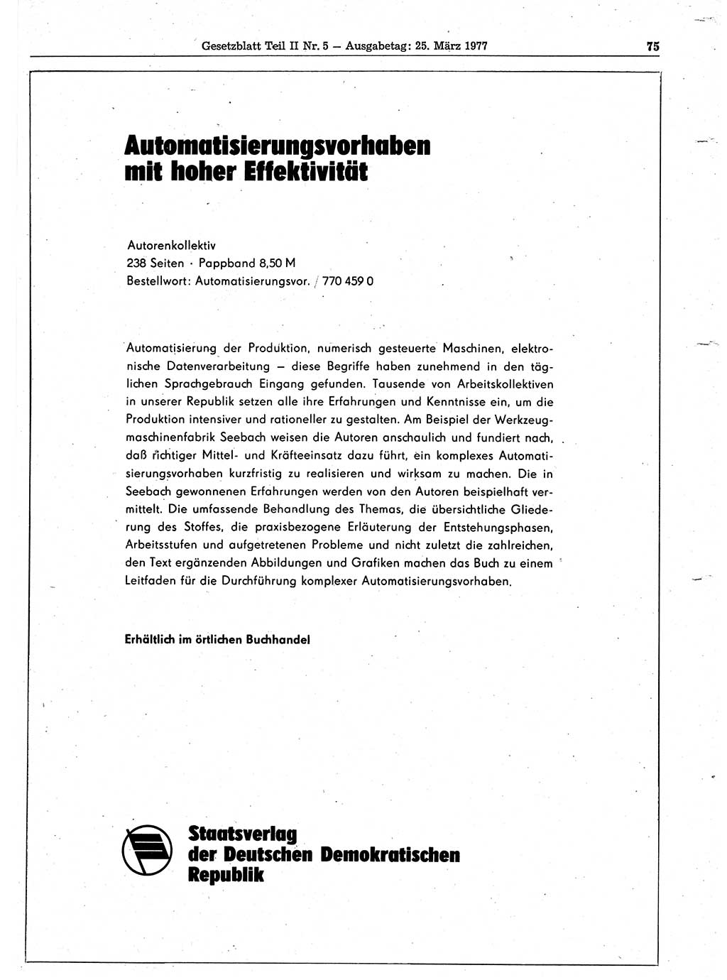Gesetzblatt (GBl.) der Deutschen Demokratischen Republik (DDR) Teil ⅠⅠ 1977, Seite 75 (GBl. DDR ⅠⅠ 1977, S. 75)