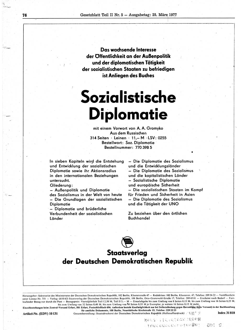 Gesetzblatt (GBl.) der Deutschen Demokratischen Republik (DDR) Teil ⅠⅠ 1977, Seite 76 (GBl. DDR ⅠⅠ 1977, S. 76)