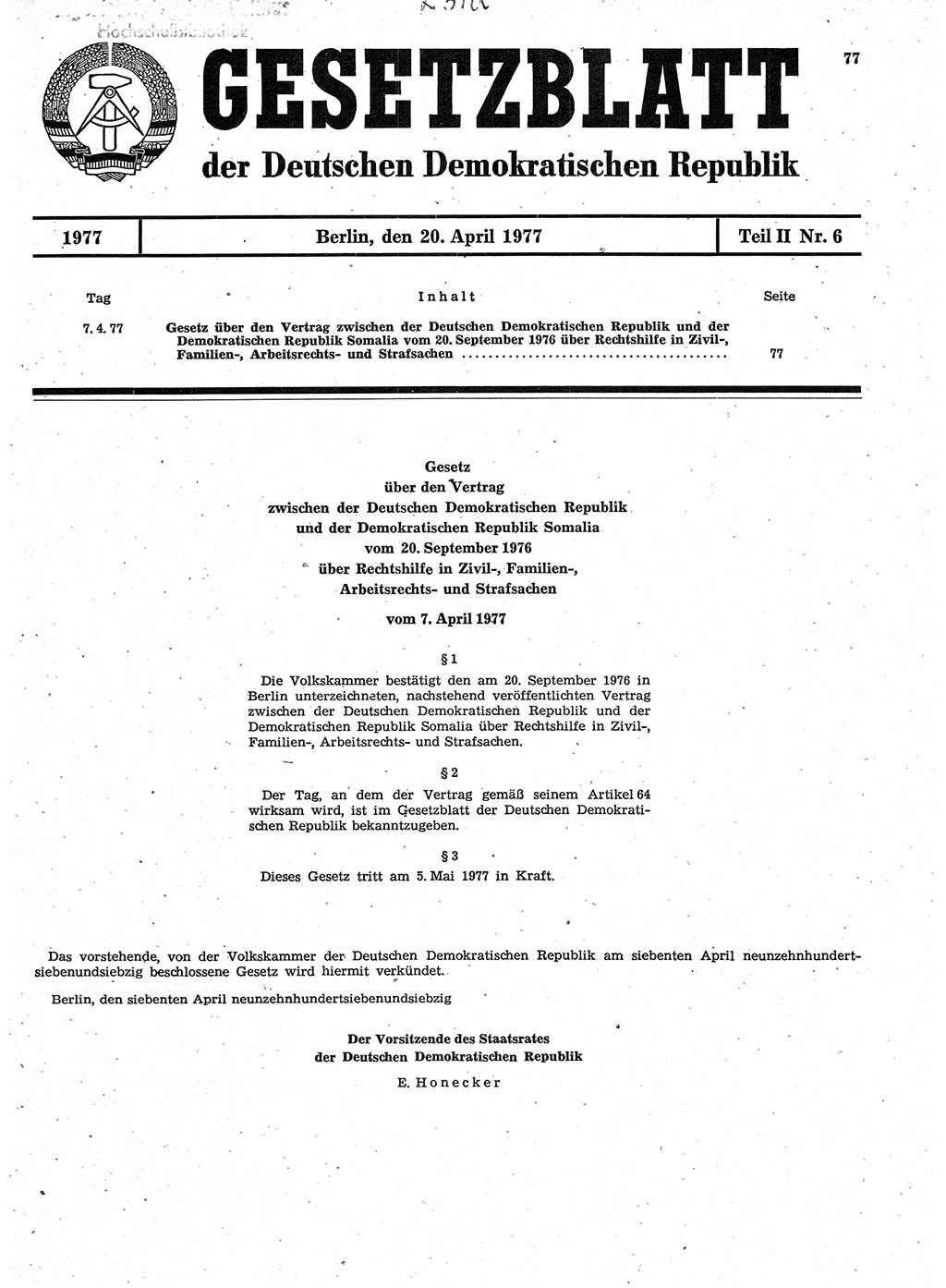 Gesetzblatt (GBl.) der Deutschen Demokratischen Republik (DDR) Teil ⅠⅠ 1977, Seite 77 (GBl. DDR ⅠⅠ 1977, S. 77)