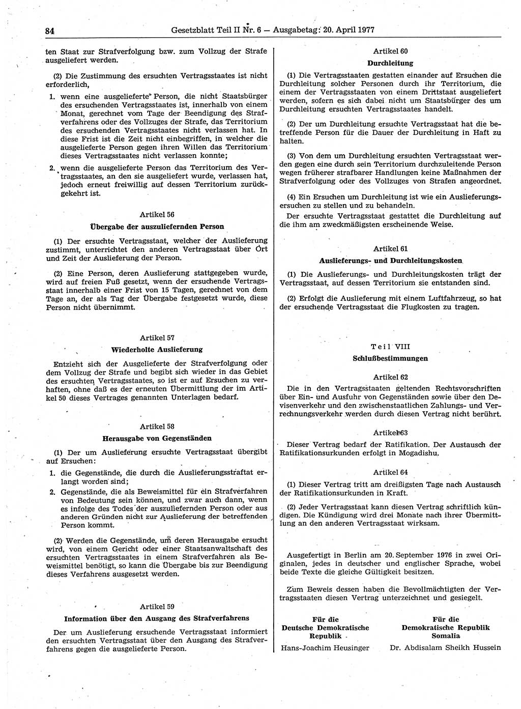 Gesetzblatt (GBl.) der Deutschen Demokratischen Republik (DDR) Teil ⅠⅠ 1977, Seite 84 (GBl. DDR ⅠⅠ 1977, S. 84)