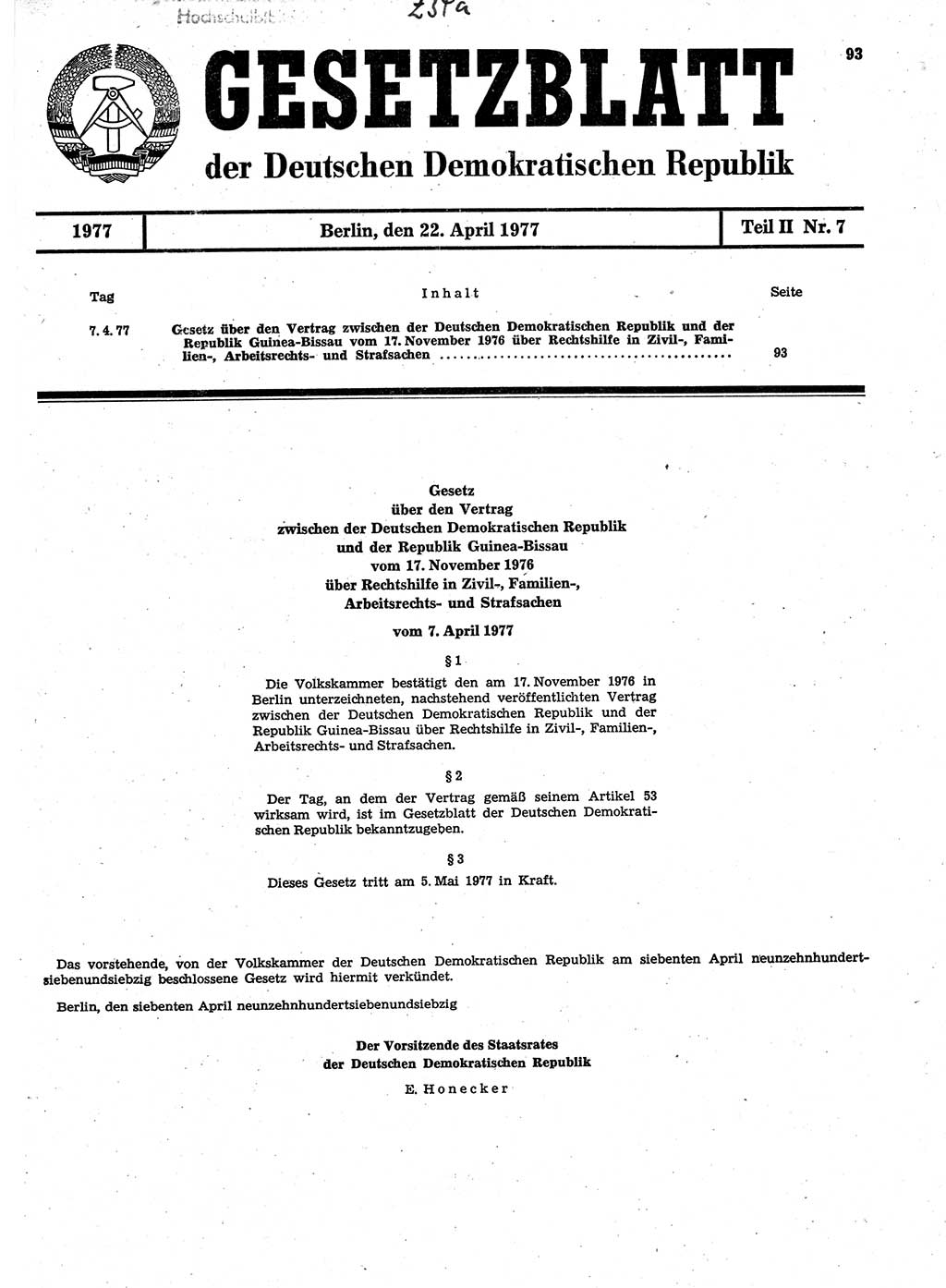Gesetzblatt (GBl.) der Deutschen Demokratischen Republik (DDR) Teil ⅠⅠ 1977, Seite 93 (GBl. DDR ⅠⅠ 1977, S. 93)