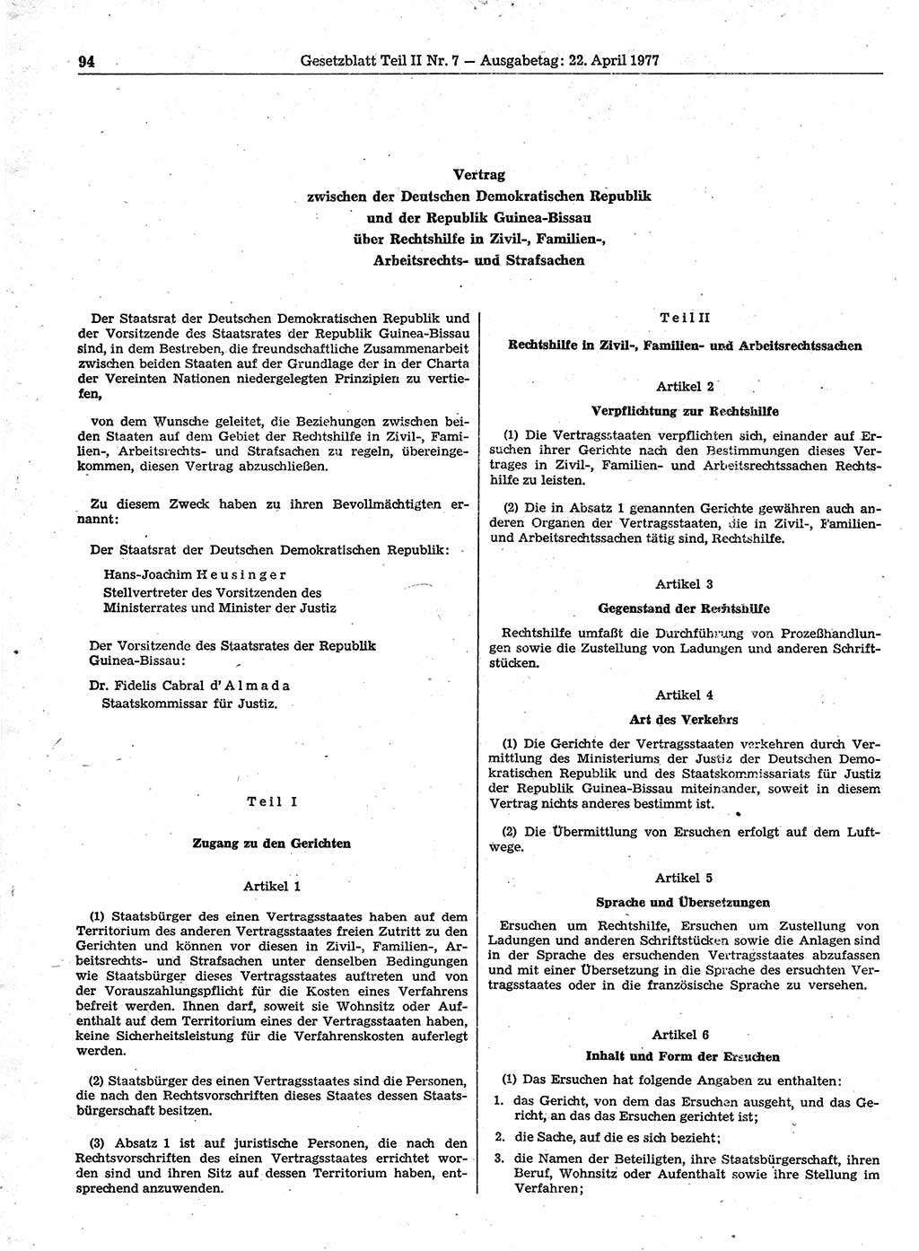 Gesetzblatt (GBl.) der Deutschen Demokratischen Republik (DDR) Teil ⅠⅠ 1977, Seite 94 (GBl. DDR ⅠⅠ 1977, S. 94)