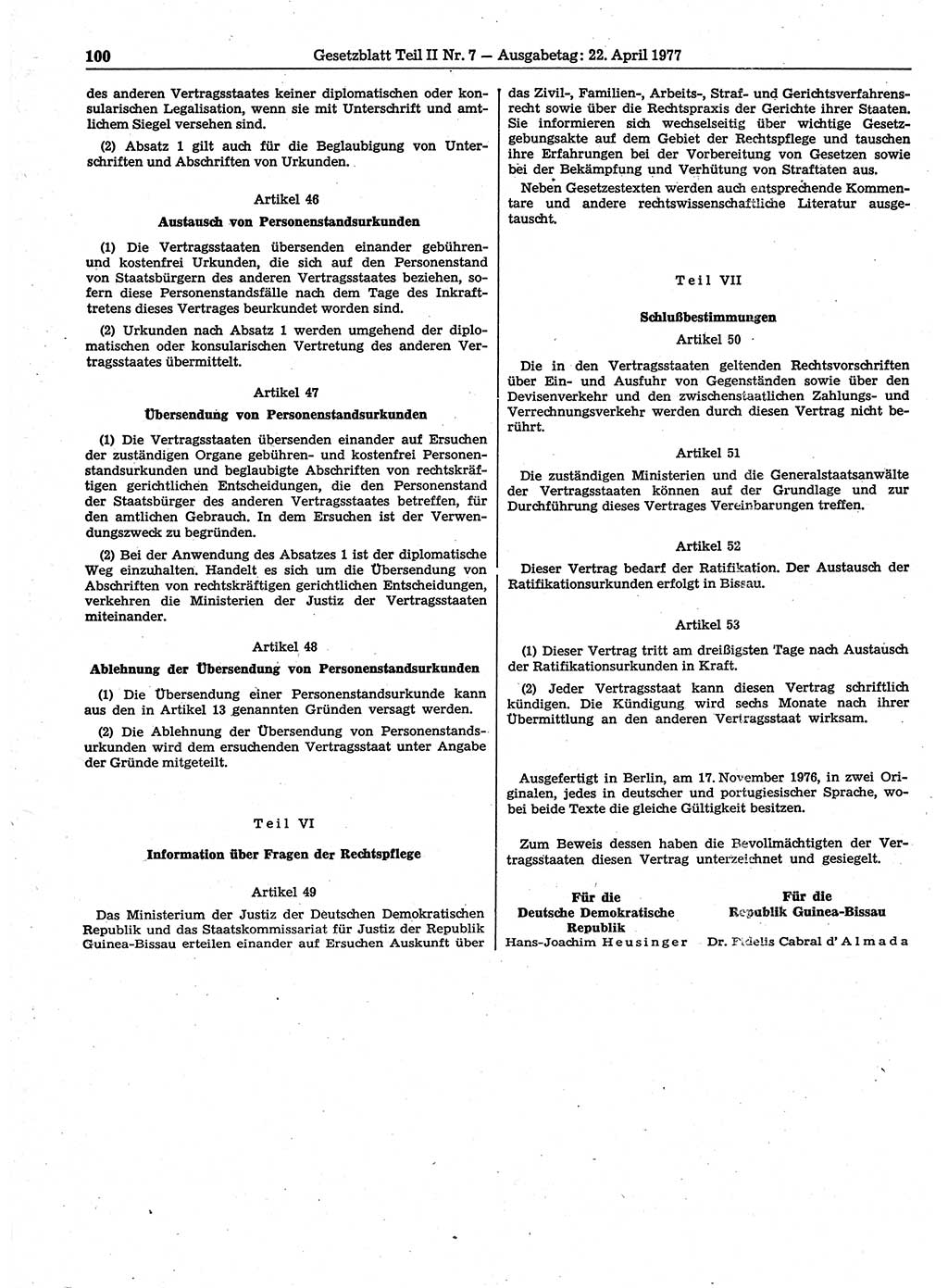 Gesetzblatt (GBl.) der Deutschen Demokratischen Republik (DDR) Teil ⅠⅠ 1977, Seite 100 (GBl. DDR ⅠⅠ 1977, S. 100)