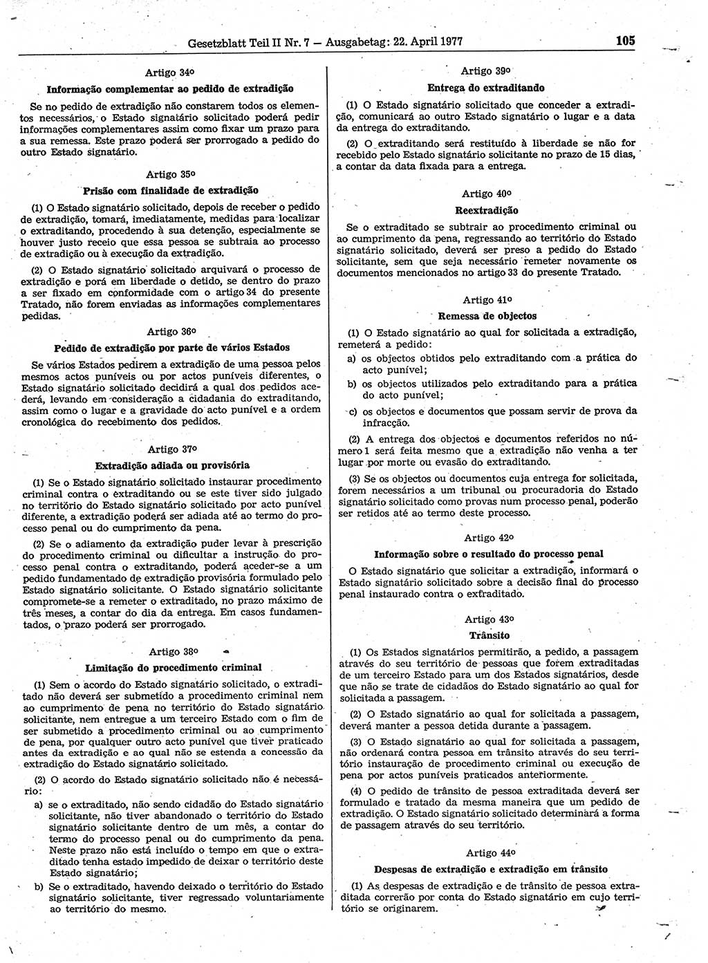 Gesetzblatt (GBl.) der Deutschen Demokratischen Republik (DDR) Teil ⅠⅠ 1977, Seite 105 (GBl. DDR ⅠⅠ 1977, S. 105)