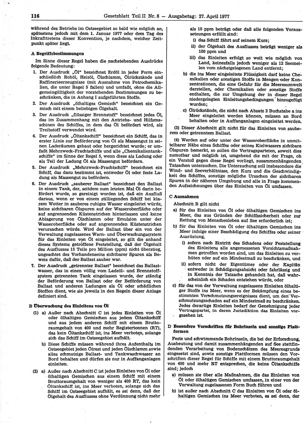 Gesetzblatt (GBl.) der Deutschen Demokratischen Republik (DDR) Teil ⅠⅠ 1977, Seite 116 (GBl. DDR ⅠⅠ 1977, S. 116)