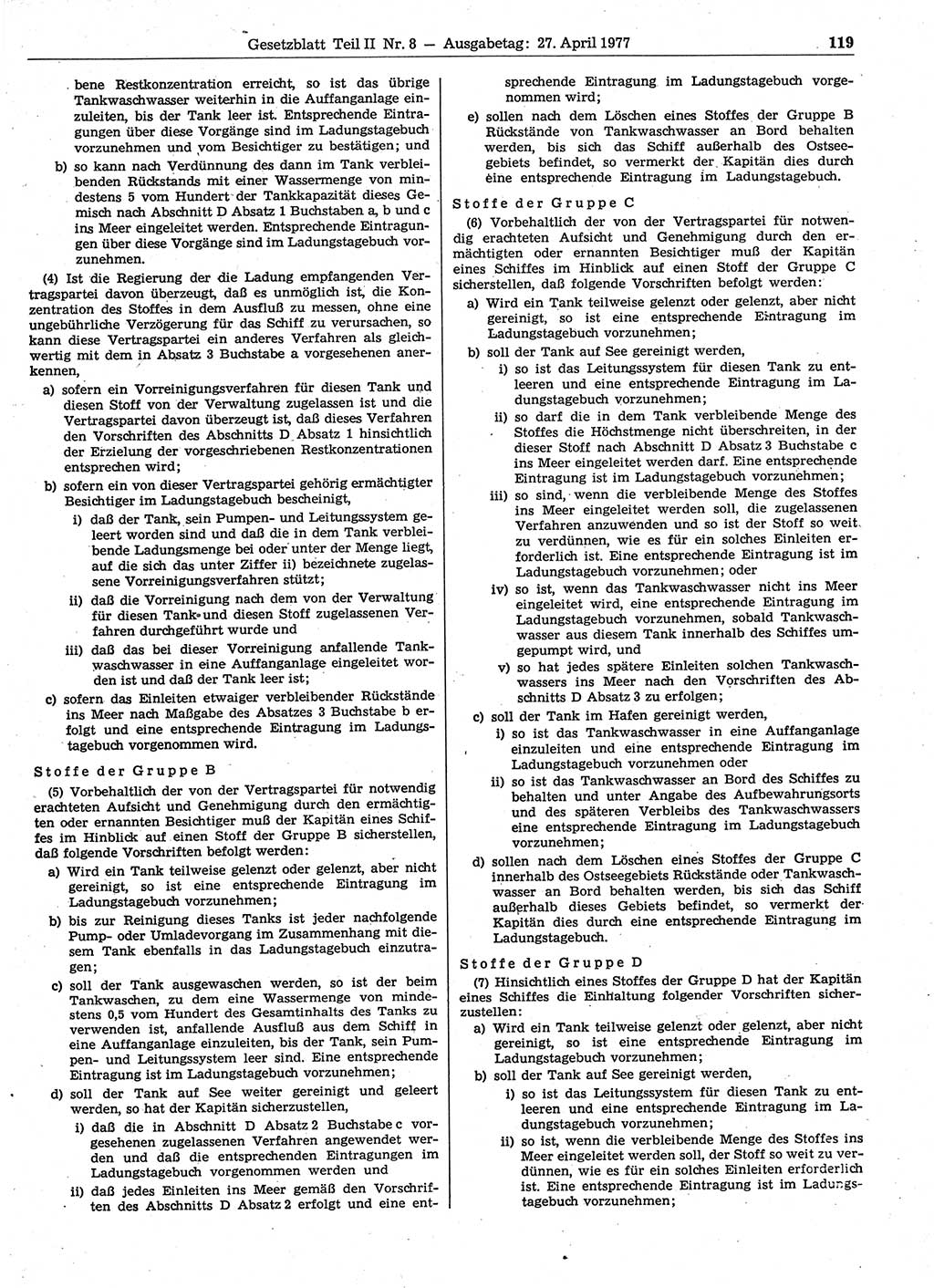 Gesetzblatt (GBl.) der Deutschen Demokratischen Republik (DDR) Teil ⅠⅠ 1977, Seite 119 (GBl. DDR ⅠⅠ 1977, S. 119)