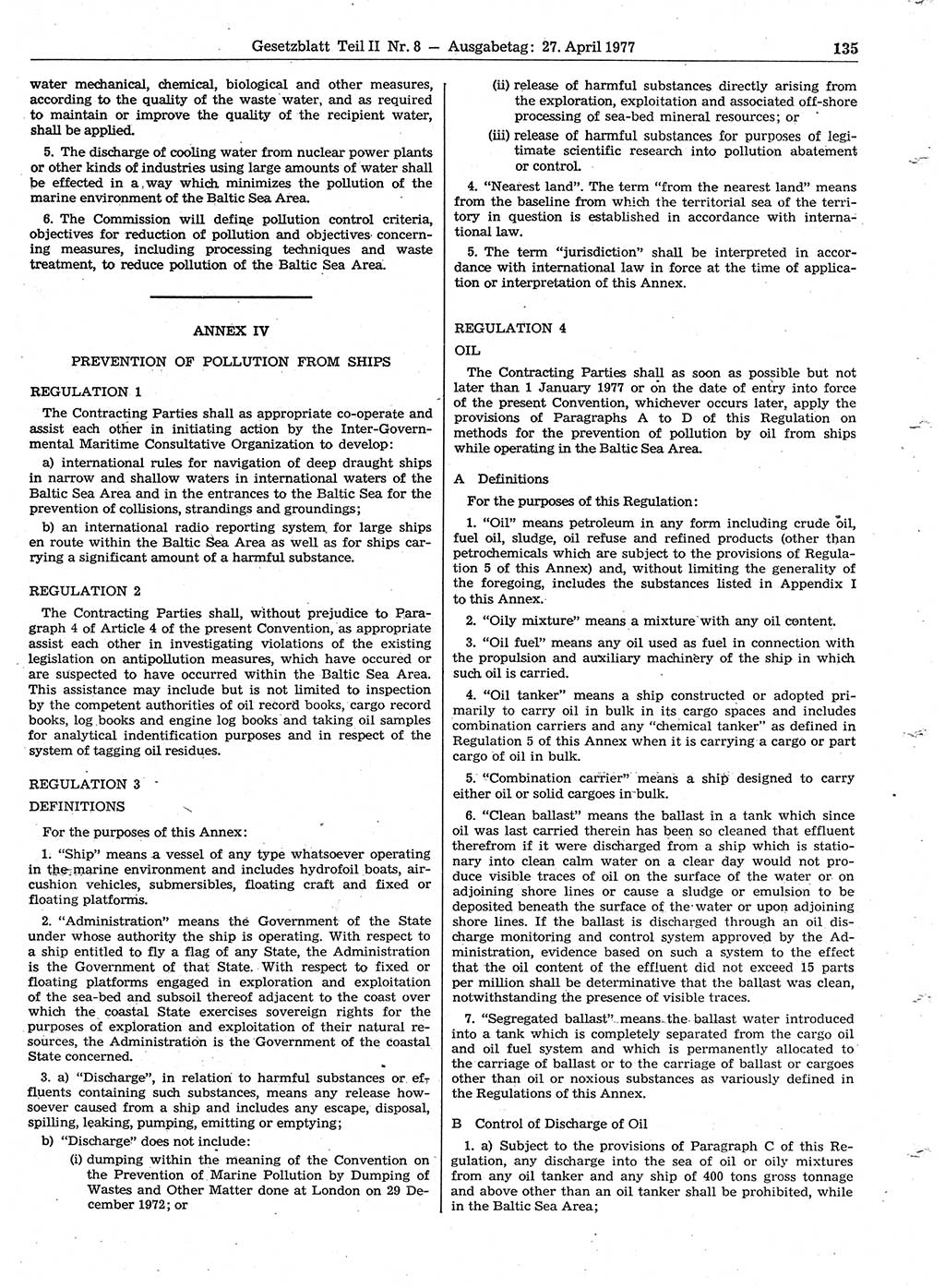 Gesetzblatt (GBl.) der Deutschen Demokratischen Republik (DDR) Teil ⅠⅠ 1977, Seite 135 (GBl. DDR ⅠⅠ 1977, S. 135)