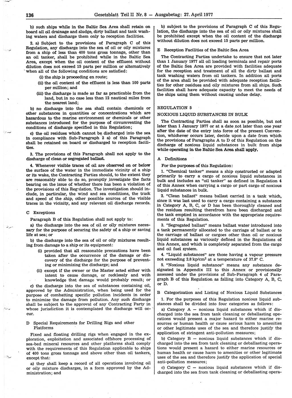 Gesetzblatt (GBl.) der Deutschen Demokratischen Republik (DDR) Teil ⅠⅠ 1977, Seite 136 (GBl. DDR ⅠⅠ 1977, S. 136)