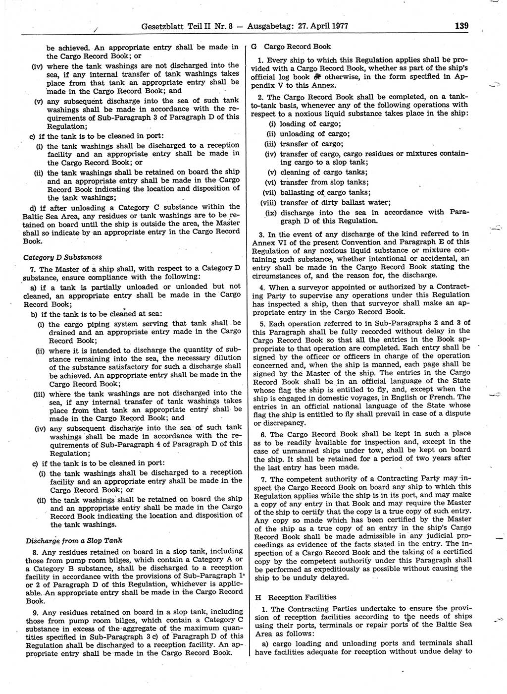 Gesetzblatt (GBl.) der Deutschen Demokratischen Republik (DDR) Teil ⅠⅠ 1977, Seite 139 (GBl. DDR ⅠⅠ 1977, S. 139)