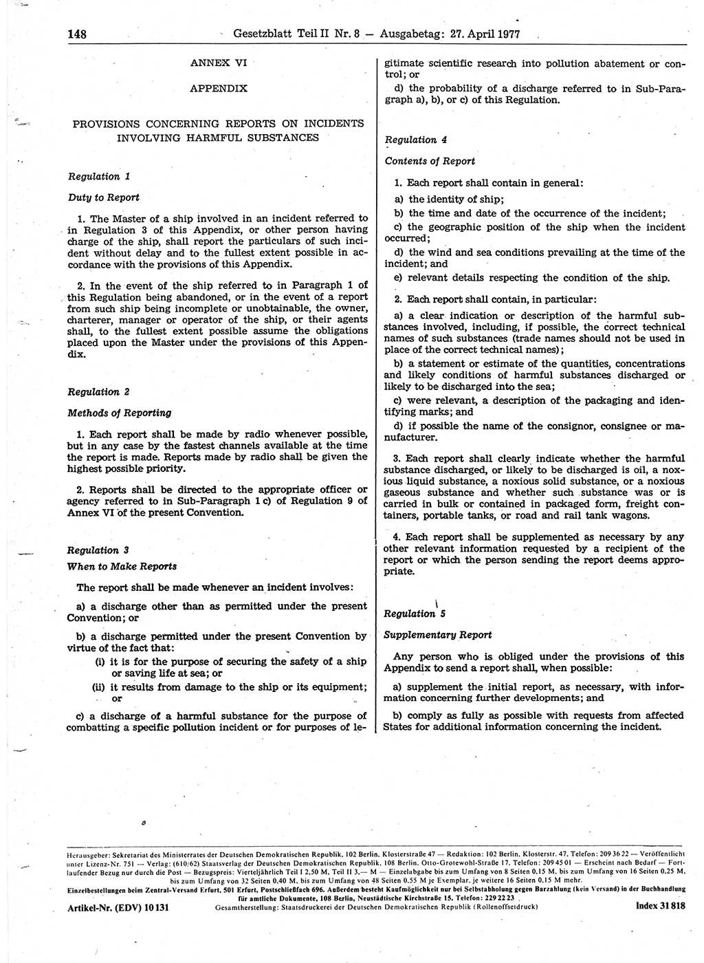 Gesetzblatt (GBl.) der Deutschen Demokratischen Republik (DDR) Teil ⅠⅠ 1977, Seite 148 (GBl. DDR ⅠⅠ 1977, S. 148)