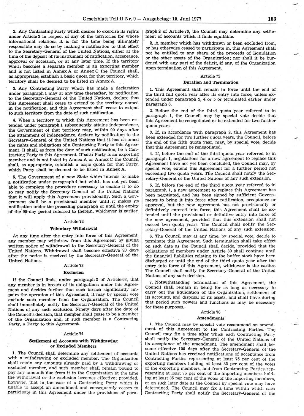 Gesetzblatt (GBl.) der Deutschen Demokratischen Republik (DDR) Teil ⅠⅠ 1977, Seite 183 (GBl. DDR ⅠⅠ 1977, S. 183)