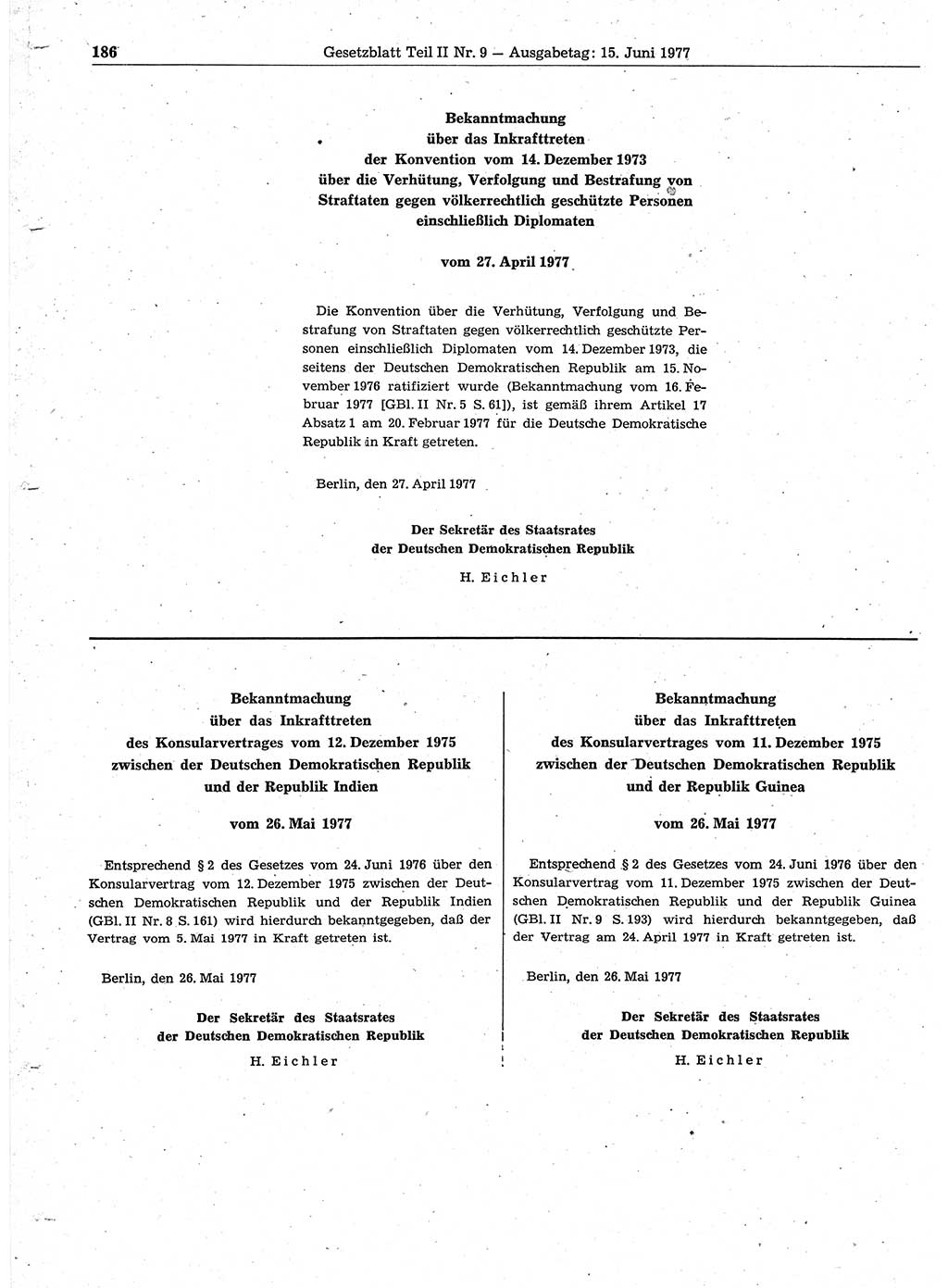 Gesetzblatt (GBl.) der Deutschen Demokratischen Republik (DDR) Teil ⅠⅠ 1977, Seite 186 (GBl. DDR ⅠⅠ 1977, S. 186)