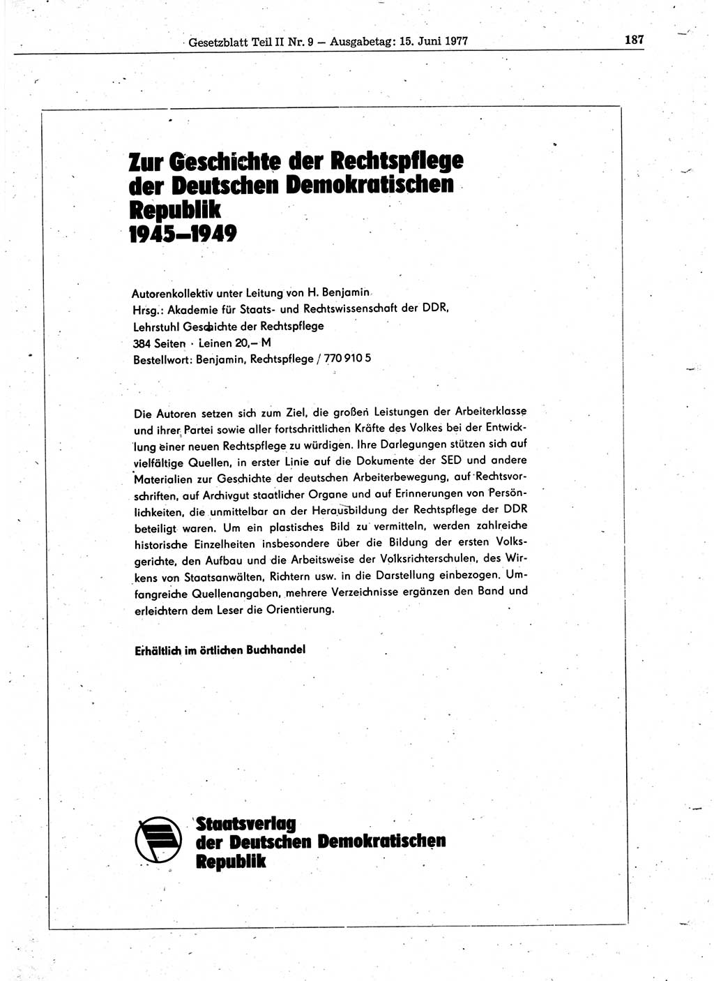 Gesetzblatt (GBl.) der Deutschen Demokratischen Republik (DDR) Teil ⅠⅠ 1977, Seite 187 (GBl. DDR ⅠⅠ 1977, S. 187)
