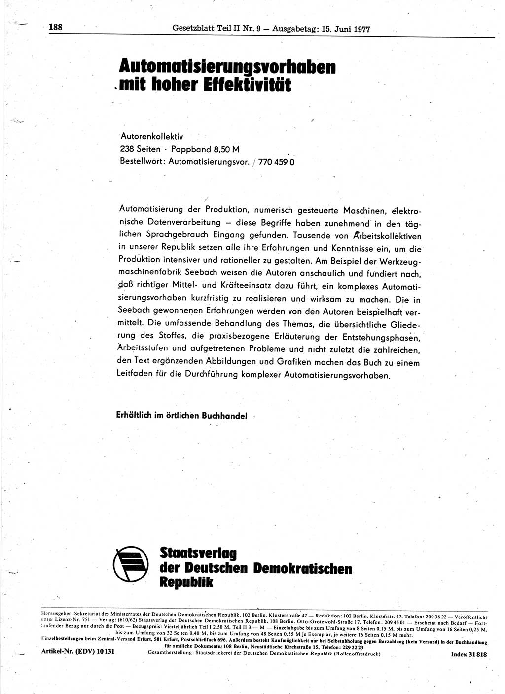 Gesetzblatt (GBl.) der Deutschen Demokratischen Republik (DDR) Teil ⅠⅠ 1977, Seite 188 (GBl. DDR ⅠⅠ 1977, S. 188)
