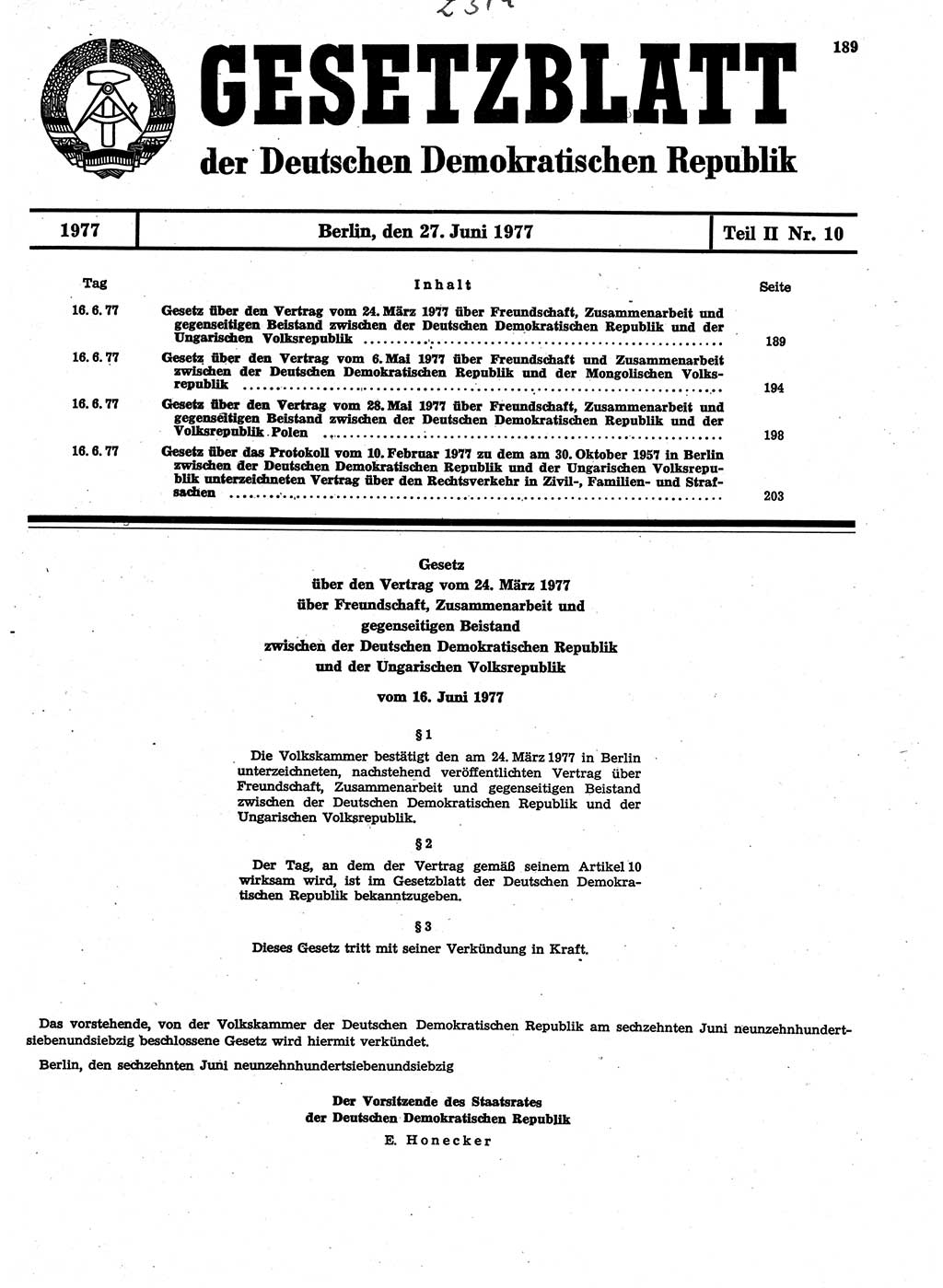 Gesetzblatt (GBl.) der Deutschen Demokratischen Republik (DDR) Teil ⅠⅠ 1977, Seite 189 (GBl. DDR ⅠⅠ 1977, S. 189)