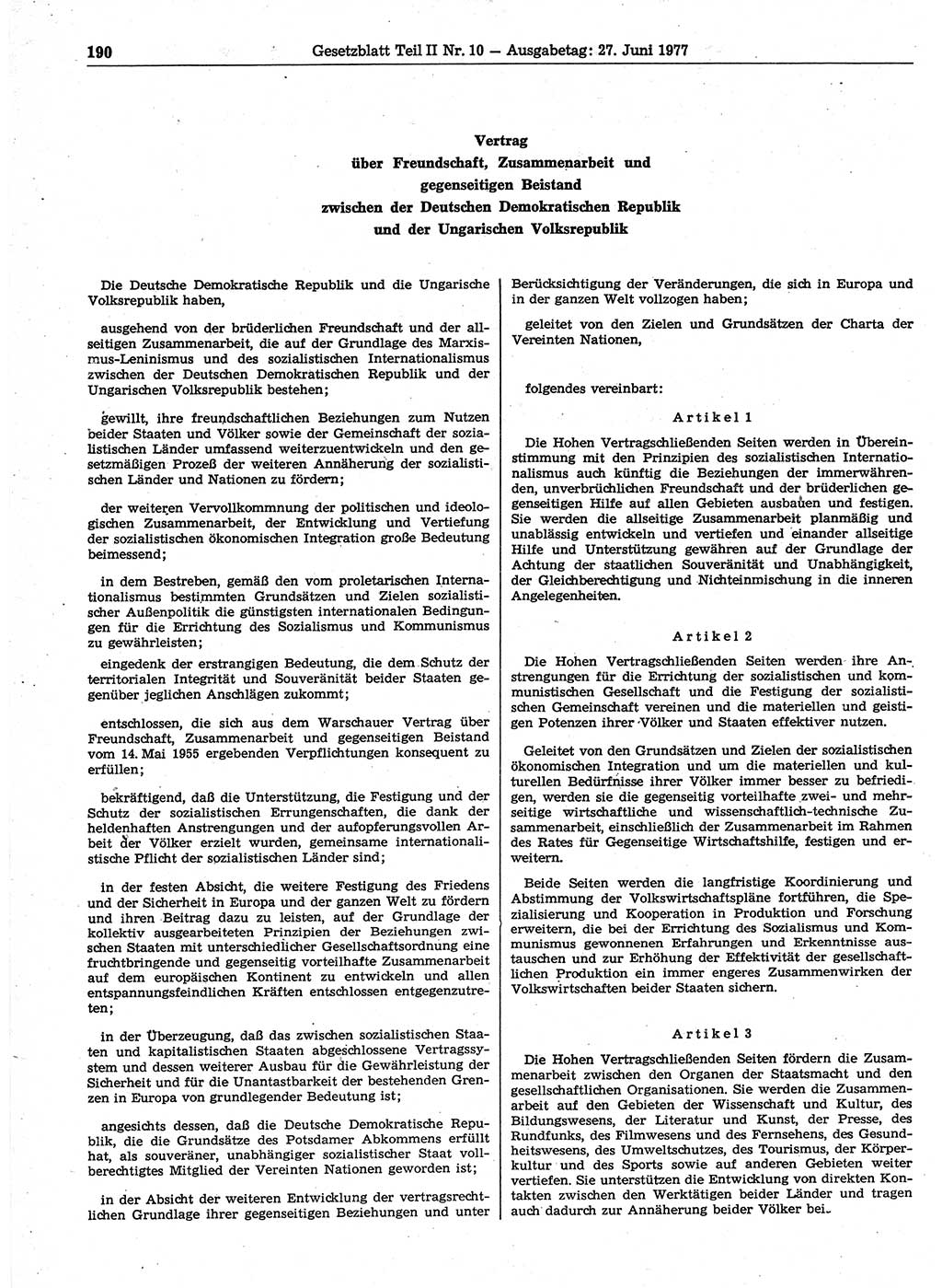 Gesetzblatt (GBl.) der Deutschen Demokratischen Republik (DDR) Teil ⅠⅠ 1977, Seite 190 (GBl. DDR ⅠⅠ 1977, S. 190)