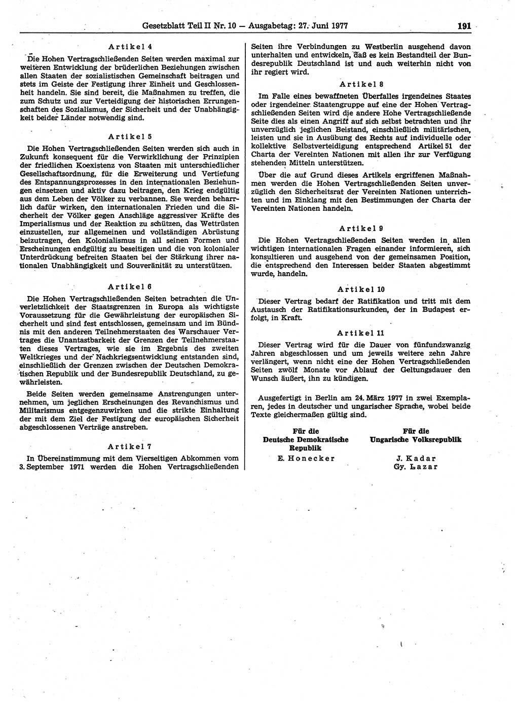 Gesetzblatt (GBl.) der Deutschen Demokratischen Republik (DDR) Teil ⅠⅠ 1977, Seite 191 (GBl. DDR ⅠⅠ 1977, S. 191)