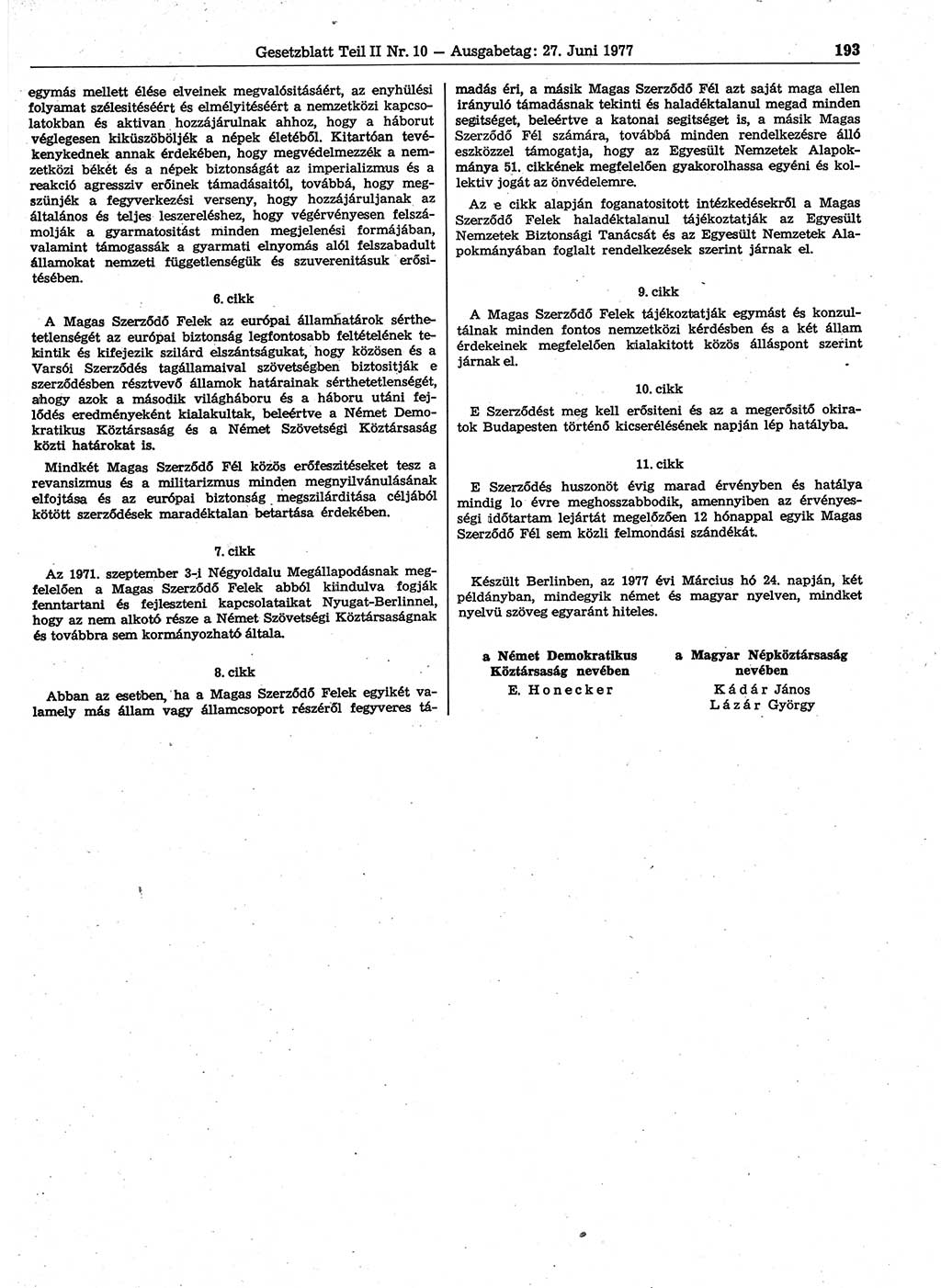 Gesetzblatt (GBl.) der Deutschen Demokratischen Republik (DDR) Teil ⅠⅠ 1977, Seite 193 (GBl. DDR ⅠⅠ 1977, S. 193)