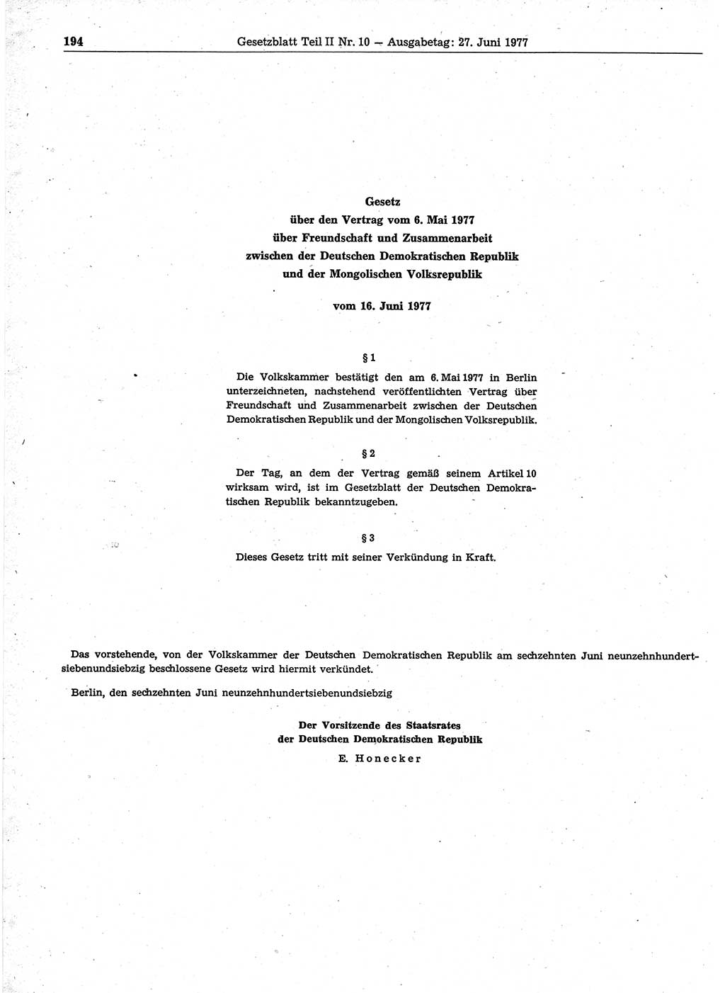 Gesetzblatt (GBl.) der Deutschen Demokratischen Republik (DDR) Teil ⅠⅠ 1977, Seite 194 (GBl. DDR ⅠⅠ 1977, S. 194)