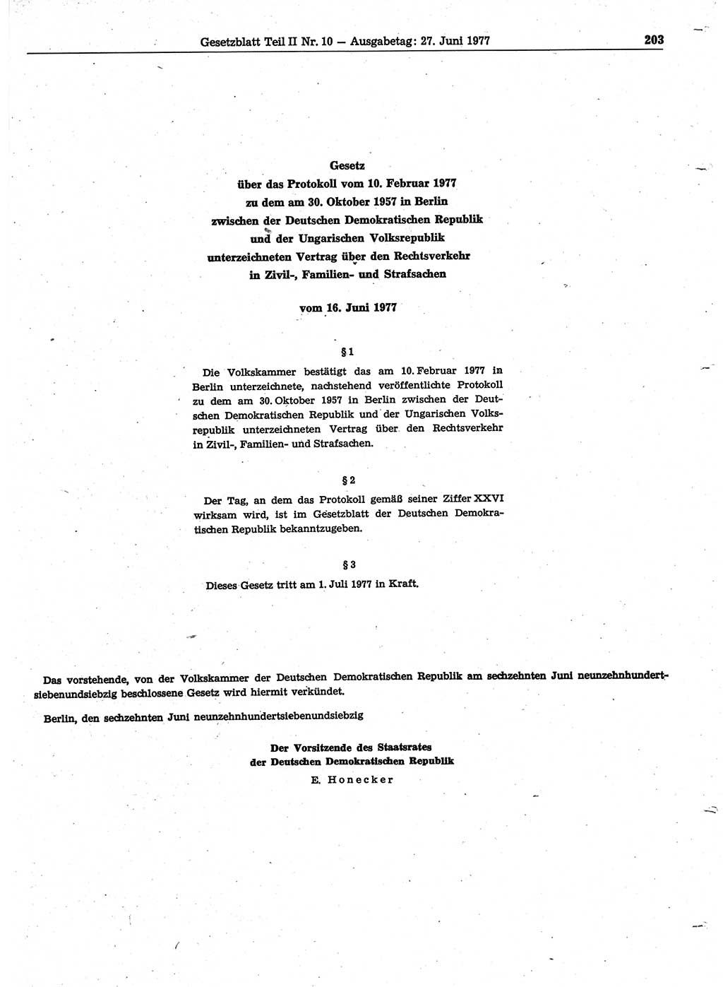 Gesetzblatt (GBl.) der Deutschen Demokratischen Republik (DDR) Teil ⅠⅠ 1977, Seite 203 (GBl. DDR ⅠⅠ 1977, S. 203)