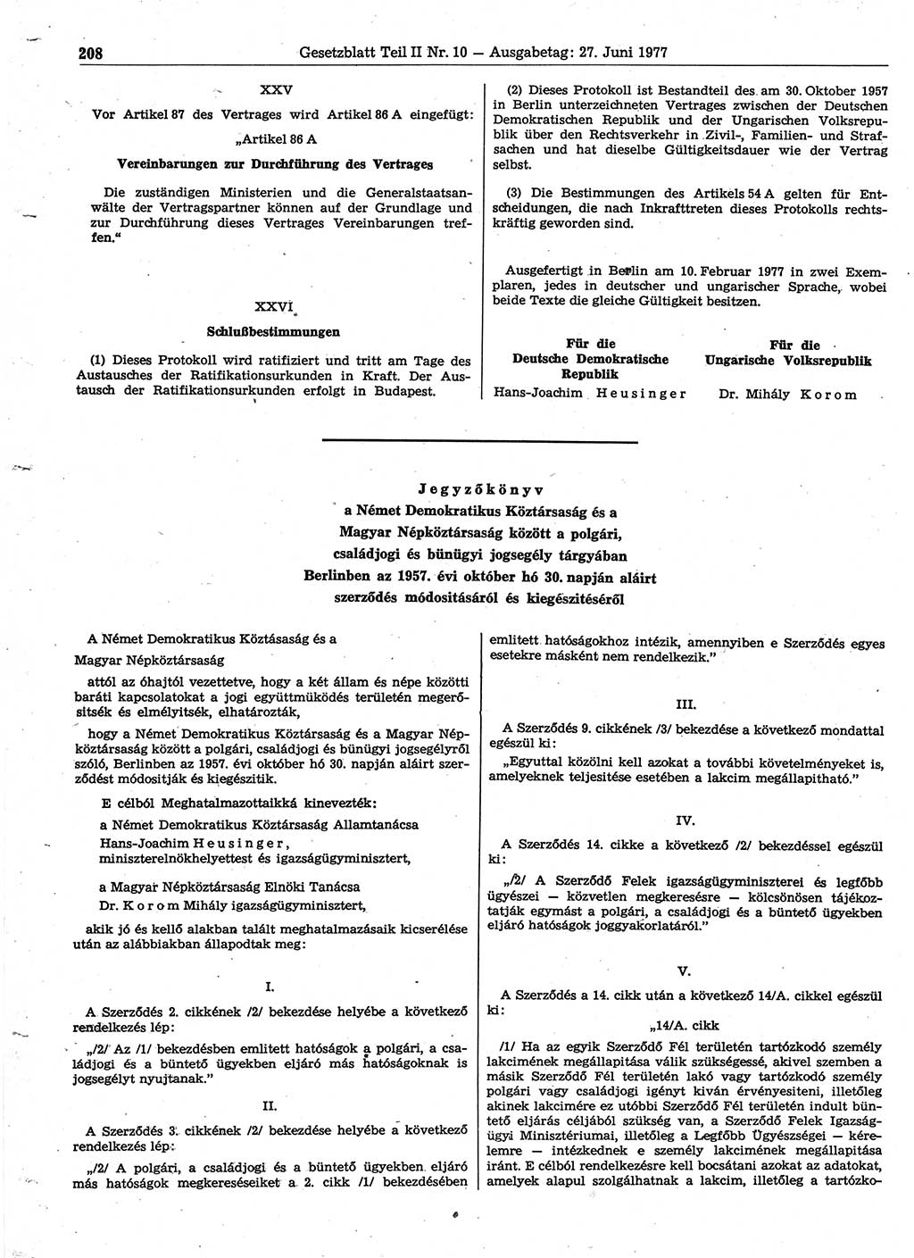 Gesetzblatt (GBl.) der Deutschen Demokratischen Republik (DDR) Teil ⅠⅠ 1977, Seite 208 (GBl. DDR ⅠⅠ 1977, S. 208)