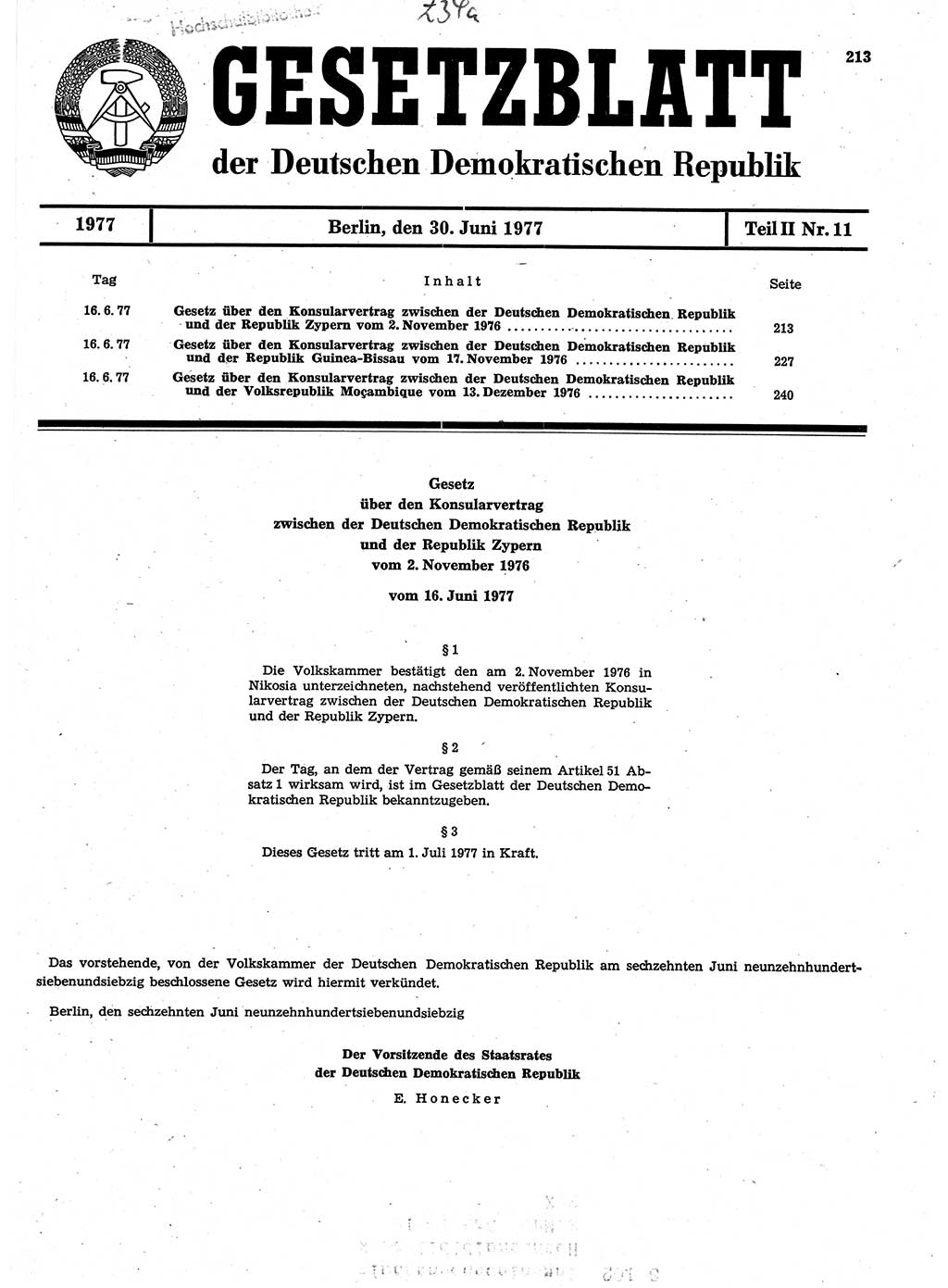 Gesetzblatt (GBl.) der Deutschen Demokratischen Republik (DDR) Teil ⅠⅠ 1977, Seite 213 (GBl. DDR ⅠⅠ 1977, S. 213)
