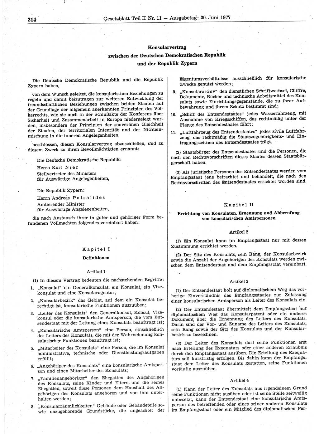 Gesetzblatt (GBl.) der Deutschen Demokratischen Republik (DDR) Teil ⅠⅠ 1977, Seite 214 (GBl. DDR ⅠⅠ 1977, S. 214)