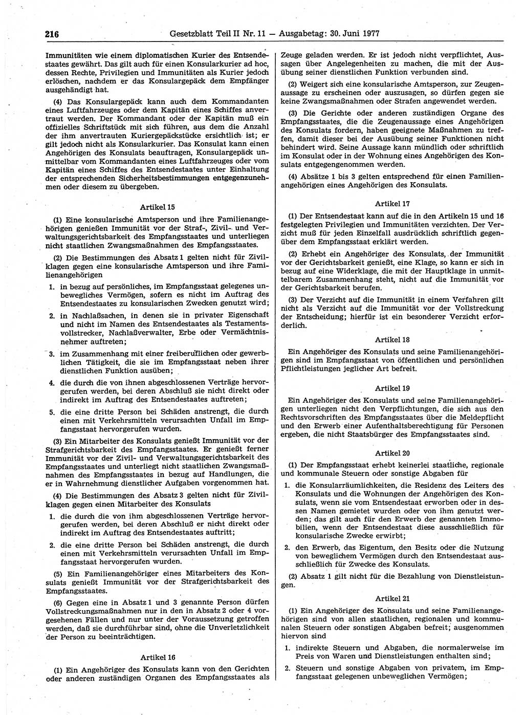 Gesetzblatt (GBl.) der Deutschen Demokratischen Republik (DDR) Teil ⅠⅠ 1977, Seite 216 (GBl. DDR ⅠⅠ 1977, S. 216)