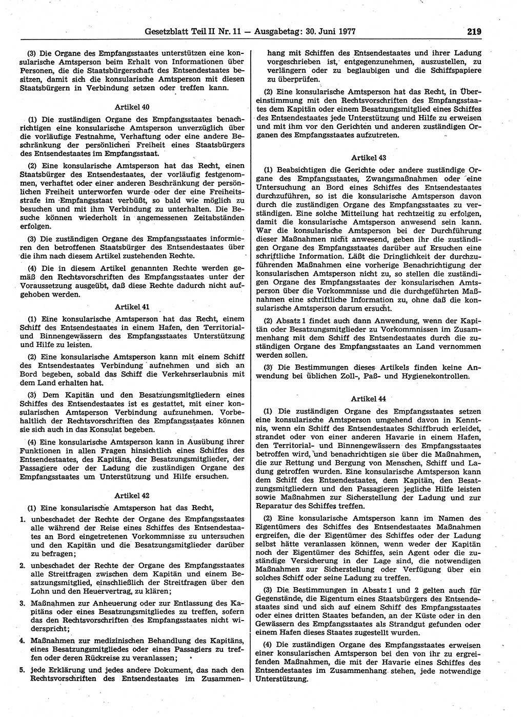 Gesetzblatt (GBl.) der Deutschen Demokratischen Republik (DDR) Teil ⅠⅠ 1977, Seite 219 (GBl. DDR ⅠⅠ 1977, S. 219)