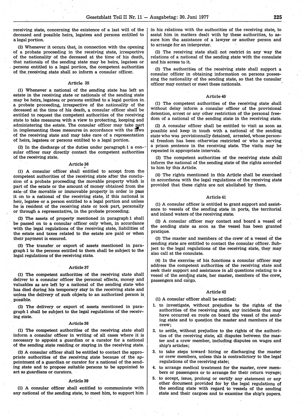 Gesetzblatt (GBl.) der Deutschen Demokratischen Republik (DDR) Teil ⅠⅠ 1977, Seite 225 (GBl. DDR ⅠⅠ 1977, S. 225)