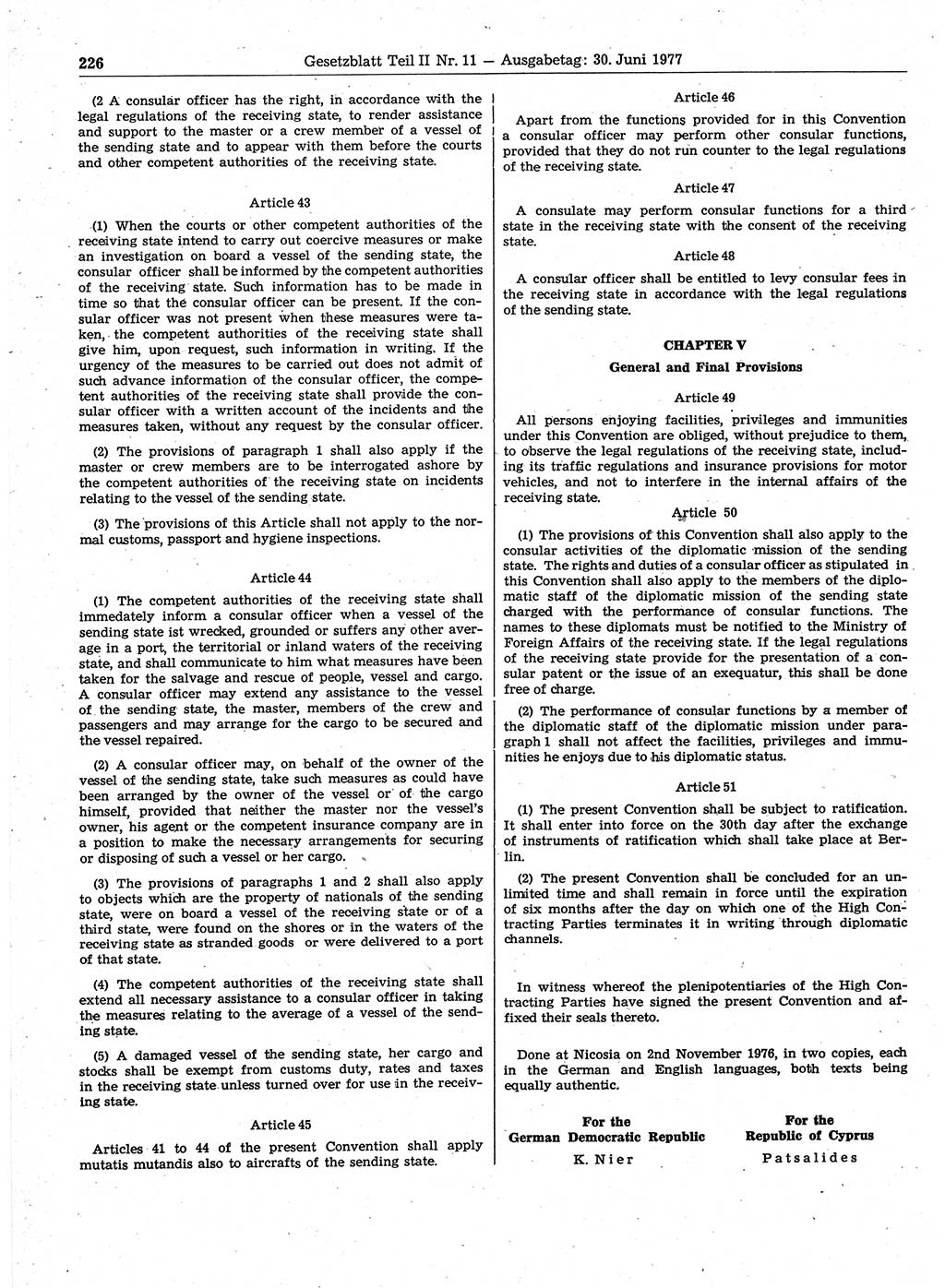 Gesetzblatt (GBl.) der Deutschen Demokratischen Republik (DDR) Teil ⅠⅠ 1977, Seite 226 (GBl. DDR ⅠⅠ 1977, S. 226)