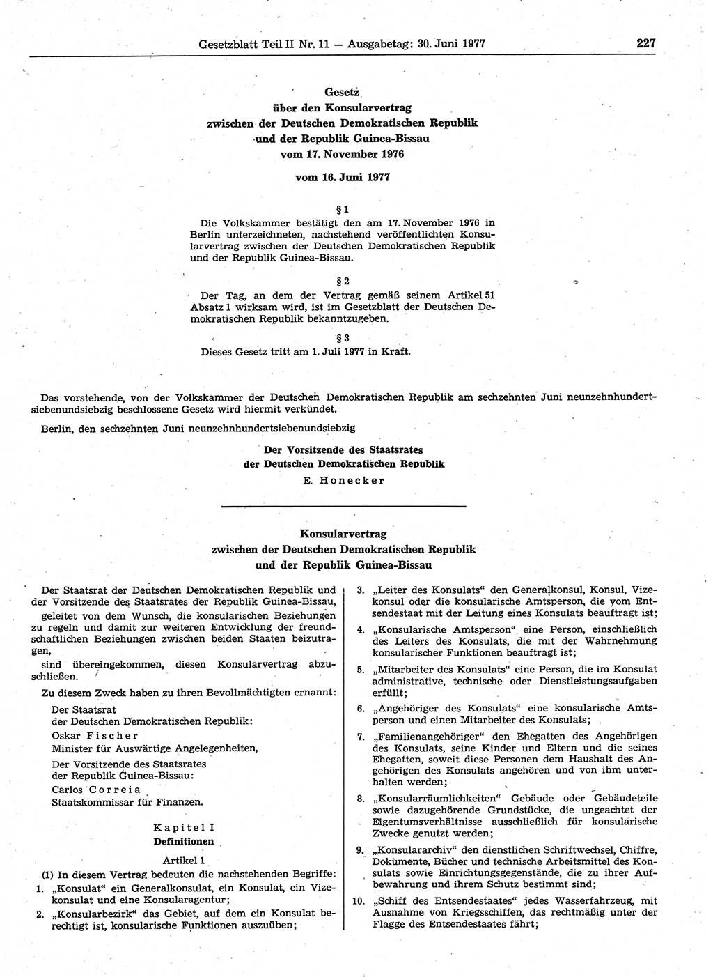 Gesetzblatt (GBl.) der Deutschen Demokratischen Republik (DDR) Teil ⅠⅠ 1977, Seite 227 (GBl. DDR ⅠⅠ 1977, S. 227)