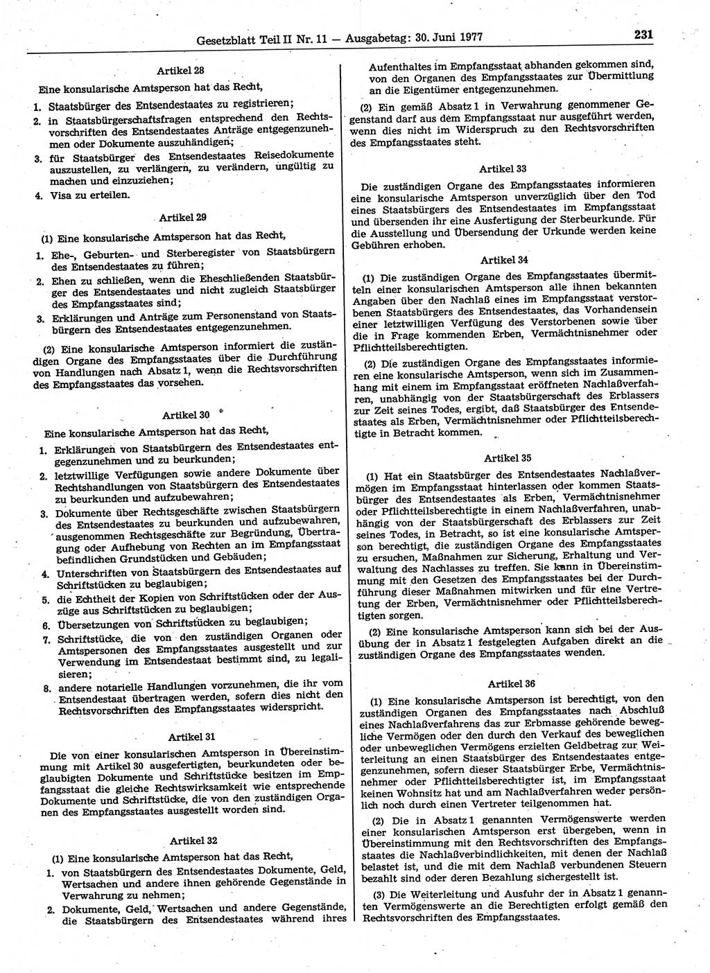 Gesetzblatt (GBl.) der Deutschen Demokratischen Republik (DDR) Teil ⅠⅠ 1977, Seite 231 (GBl. DDR ⅠⅠ 1977, S. 231)