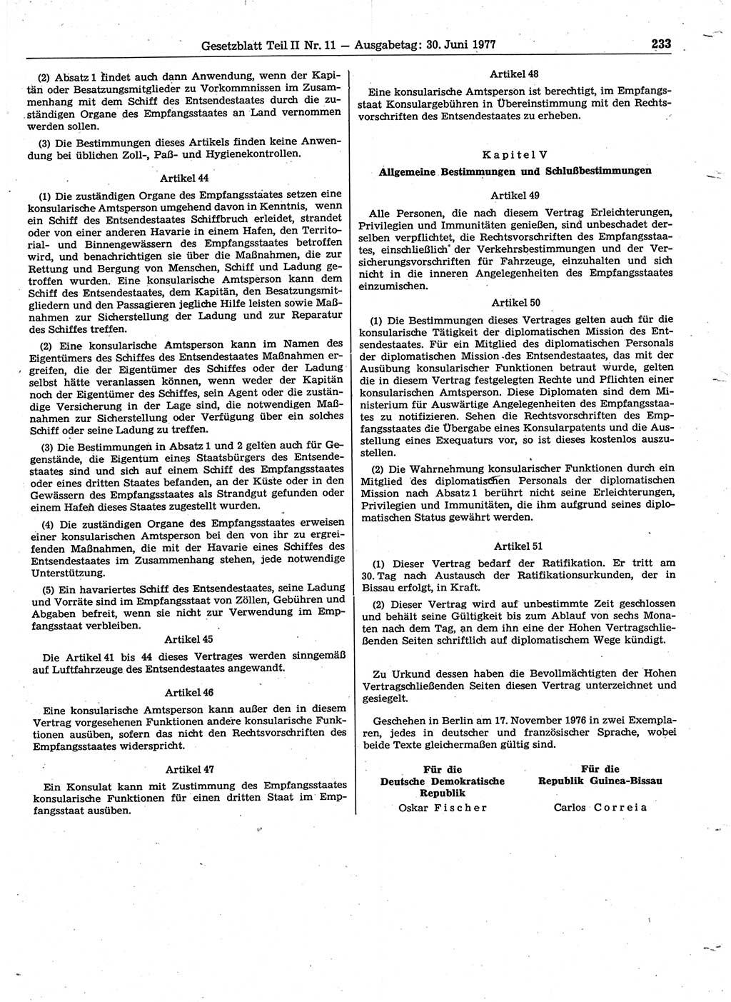 Gesetzblatt (GBl.) der Deutschen Demokratischen Republik (DDR) Teil ⅠⅠ 1977, Seite 233 (GBl. DDR ⅠⅠ 1977, S. 233)