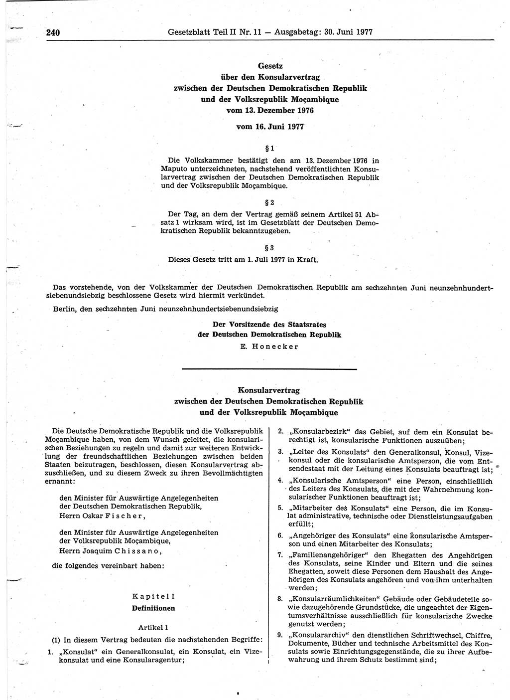 Gesetzblatt (GBl.) der Deutschen Demokratischen Republik (DDR) Teil ⅠⅠ 1977, Seite 240 (GBl. DDR ⅠⅠ 1977, S. 240)