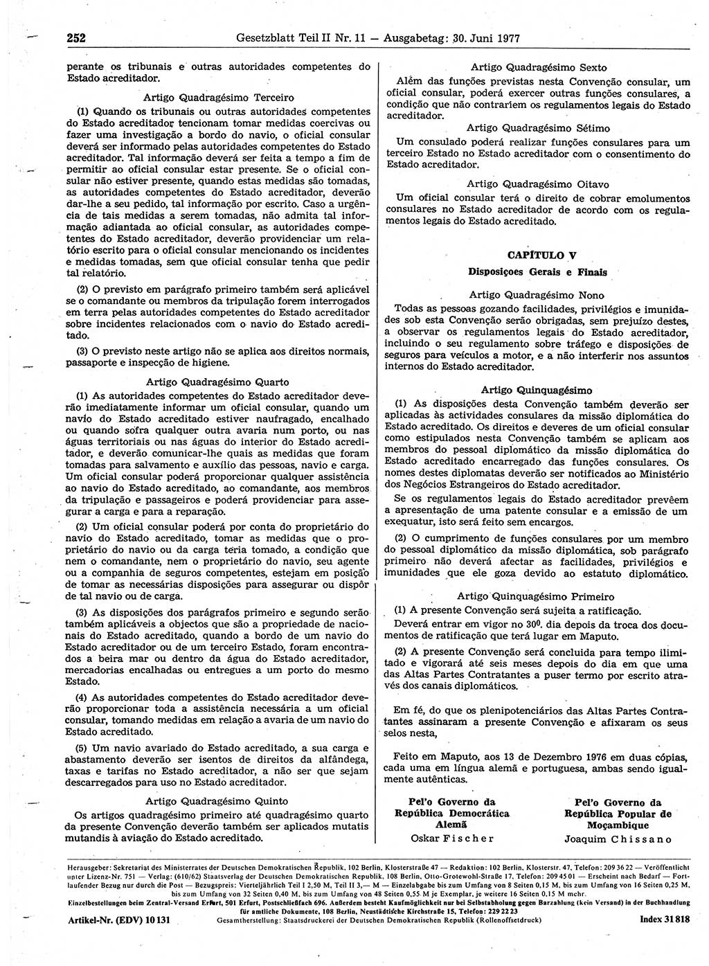 Gesetzblatt (GBl.) der Deutschen Demokratischen Republik (DDR) Teil ⅠⅠ 1977, Seite 252 (GBl. DDR ⅠⅠ 1977, S. 252)