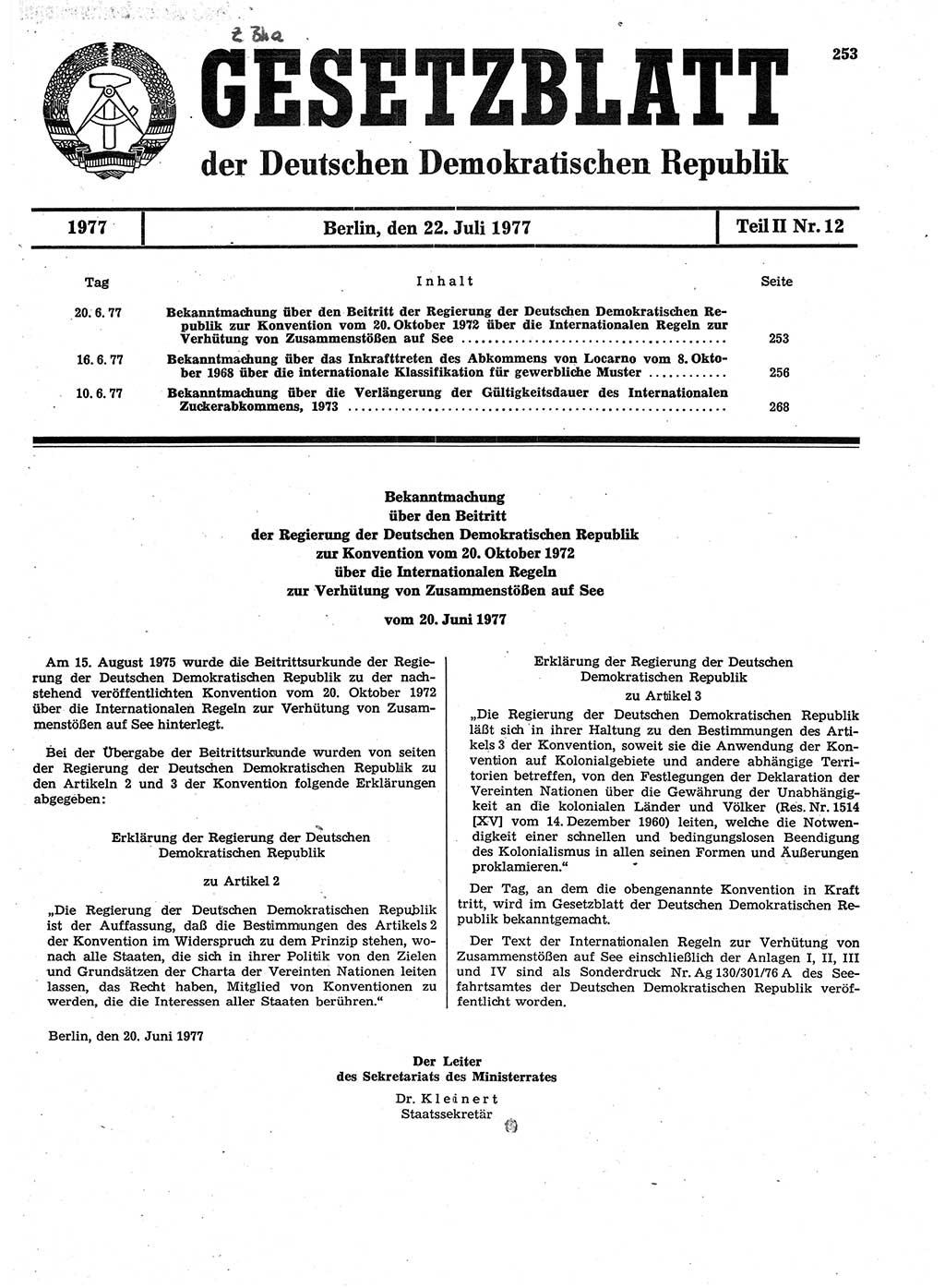 Gesetzblatt (GBl.) der Deutschen Demokratischen Republik (DDR) Teil ⅠⅠ 1977, Seite 253 (GBl. DDR ⅠⅠ 1977, S. 253)