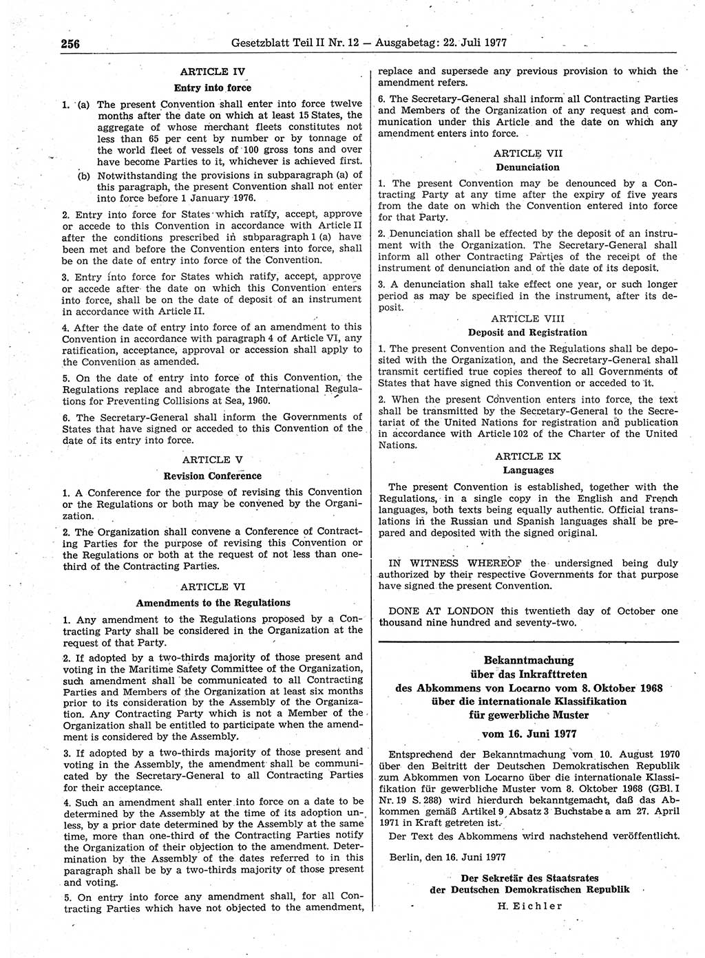 Gesetzblatt (GBl.) der Deutschen Demokratischen Republik (DDR) Teil ⅠⅠ 1977, Seite 256 (GBl. DDR ⅠⅠ 1977, S. 256)