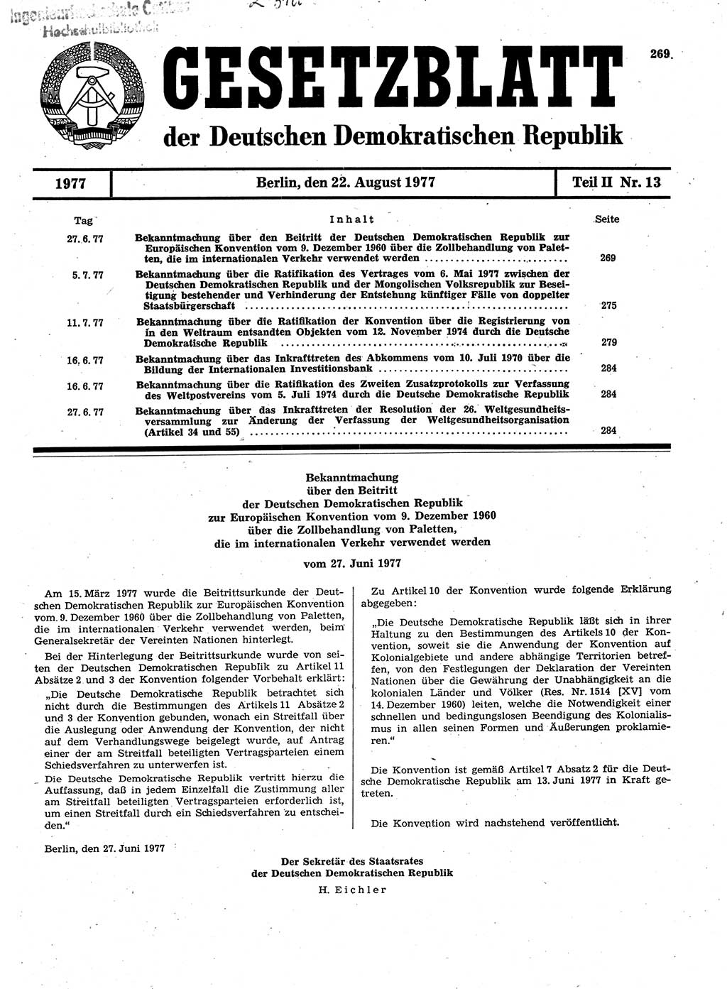 Gesetzblatt (GBl.) der Deutschen Demokratischen Republik (DDR) Teil ⅠⅠ 1977, Seite 269 (GBl. DDR ⅠⅠ 1977, S. 269)
