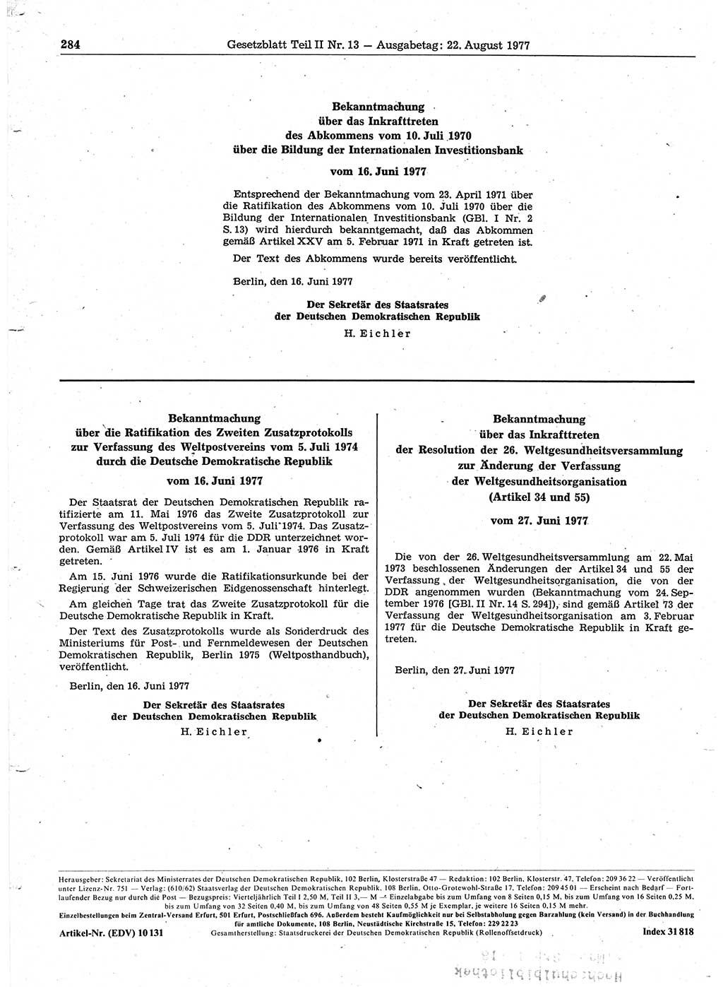 Gesetzblatt (GBl.) der Deutschen Demokratischen Republik (DDR) Teil ⅠⅠ 1977, Seite 284 (GBl. DDR ⅠⅠ 1977, S. 284)