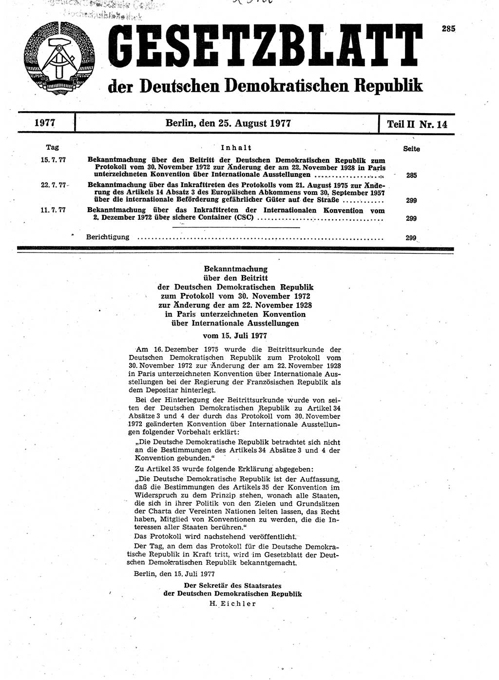 Gesetzblatt (GBl.) der Deutschen Demokratischen Republik (DDR) Teil ⅠⅠ 1977, Seite 285 (GBl. DDR ⅠⅠ 1977, S. 285)